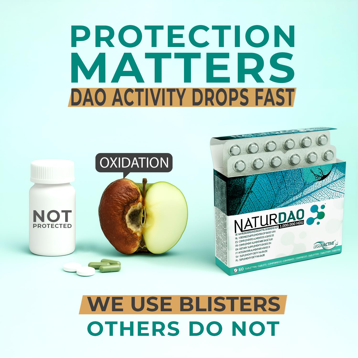 NATURDAO comprimido en mano para comparar tamaño y dosificación