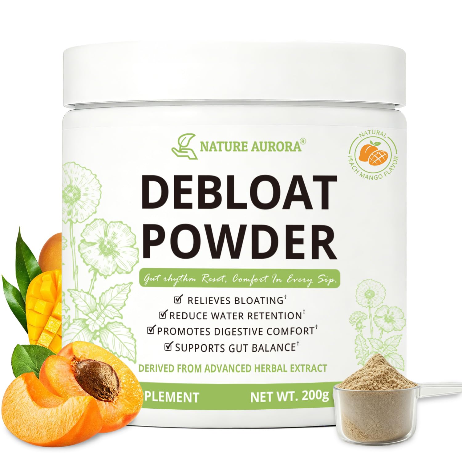 Nature Aurora envase frontal del polvo debloat muestra tamaño y sabor melocotón mango