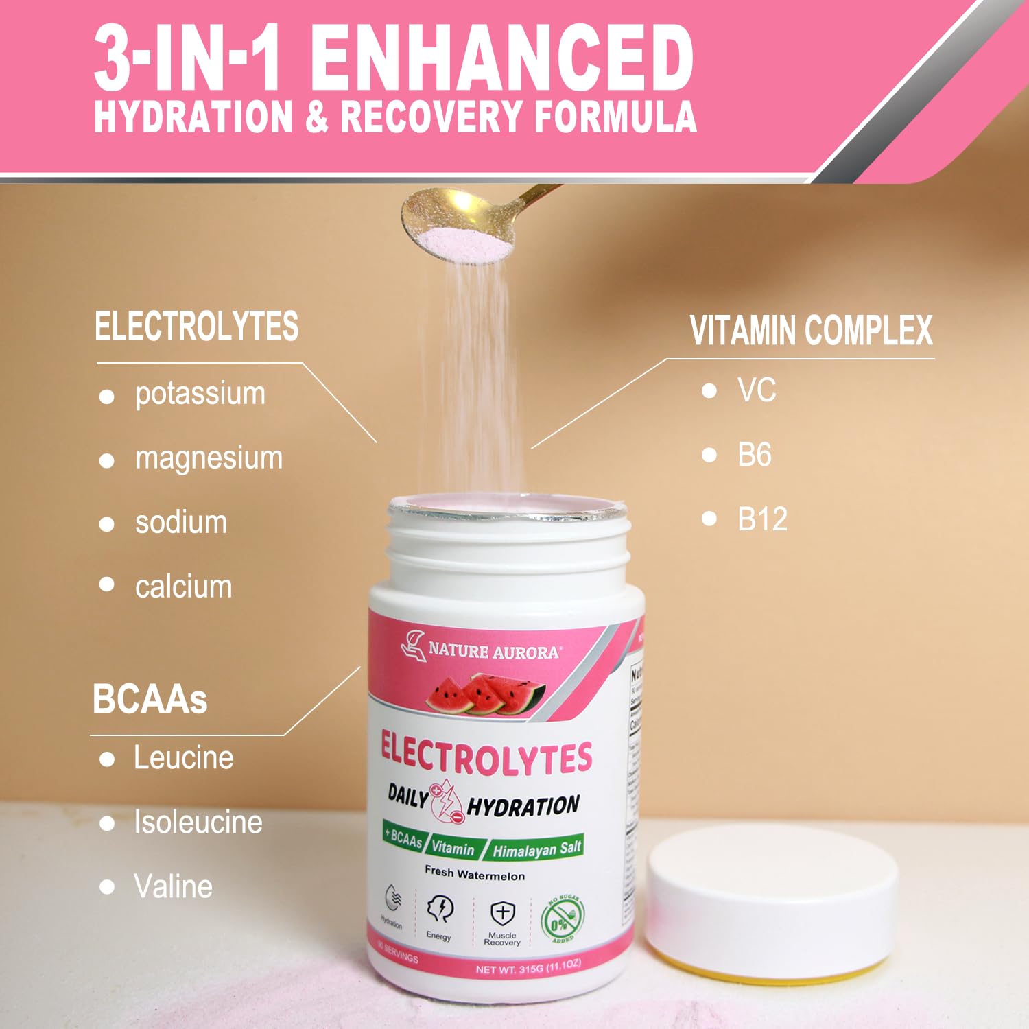 Nature Aurora etiqueta de ingredientes detallando minerales y BCAA