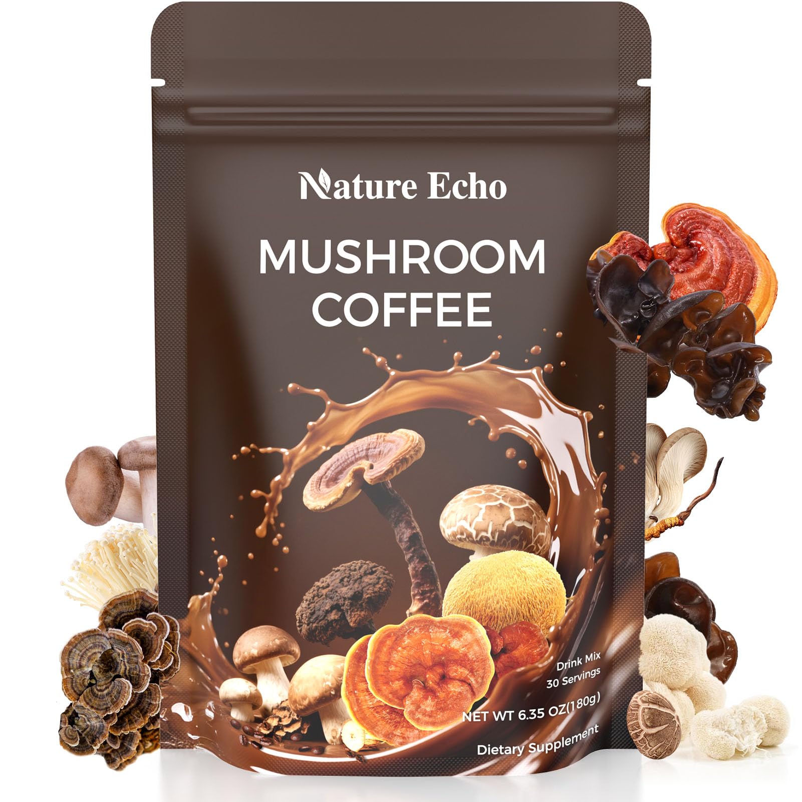 Nature Echo frente del empaque mostrando marca y 11 hongos, claridad del producto
