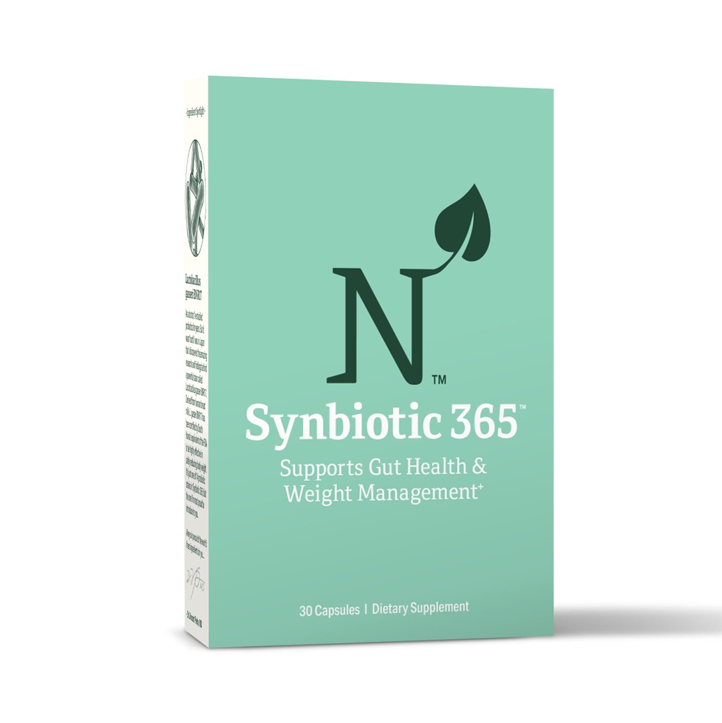 Nature M.D. envase frontal mostrando sinbiótico 365 y beneficios digestivos