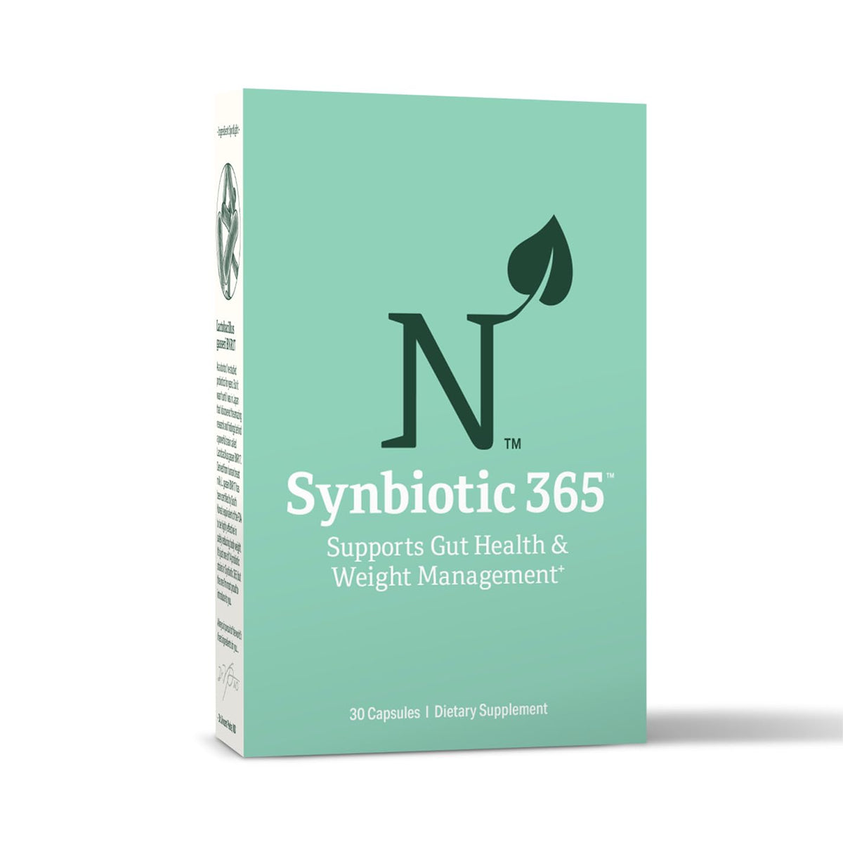 Nature M.D. envase frontal mostrando sinbiótico 365 y beneficios digestivos