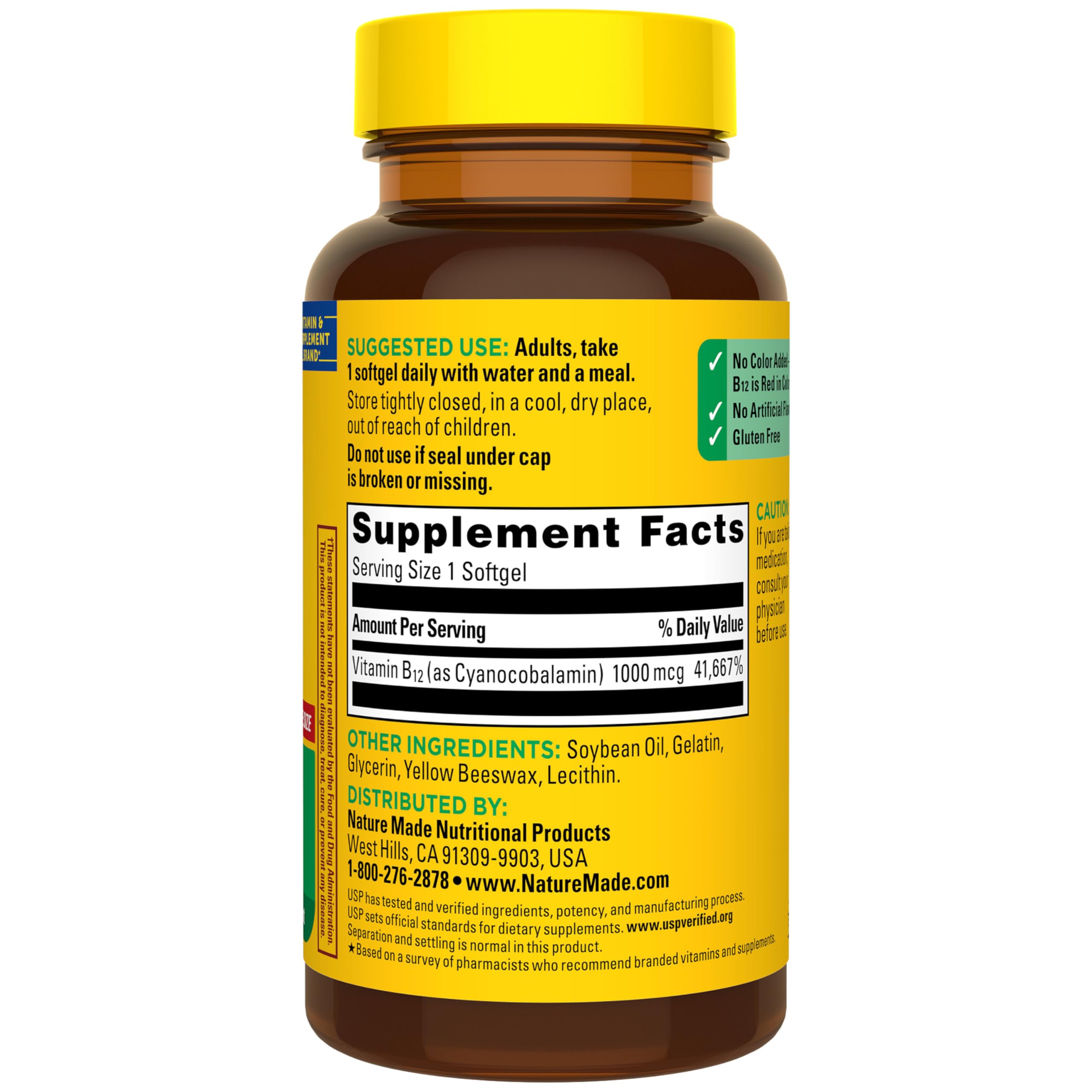 Nature Made botella vista lateral enfatizando el contenido de 150 softgels
