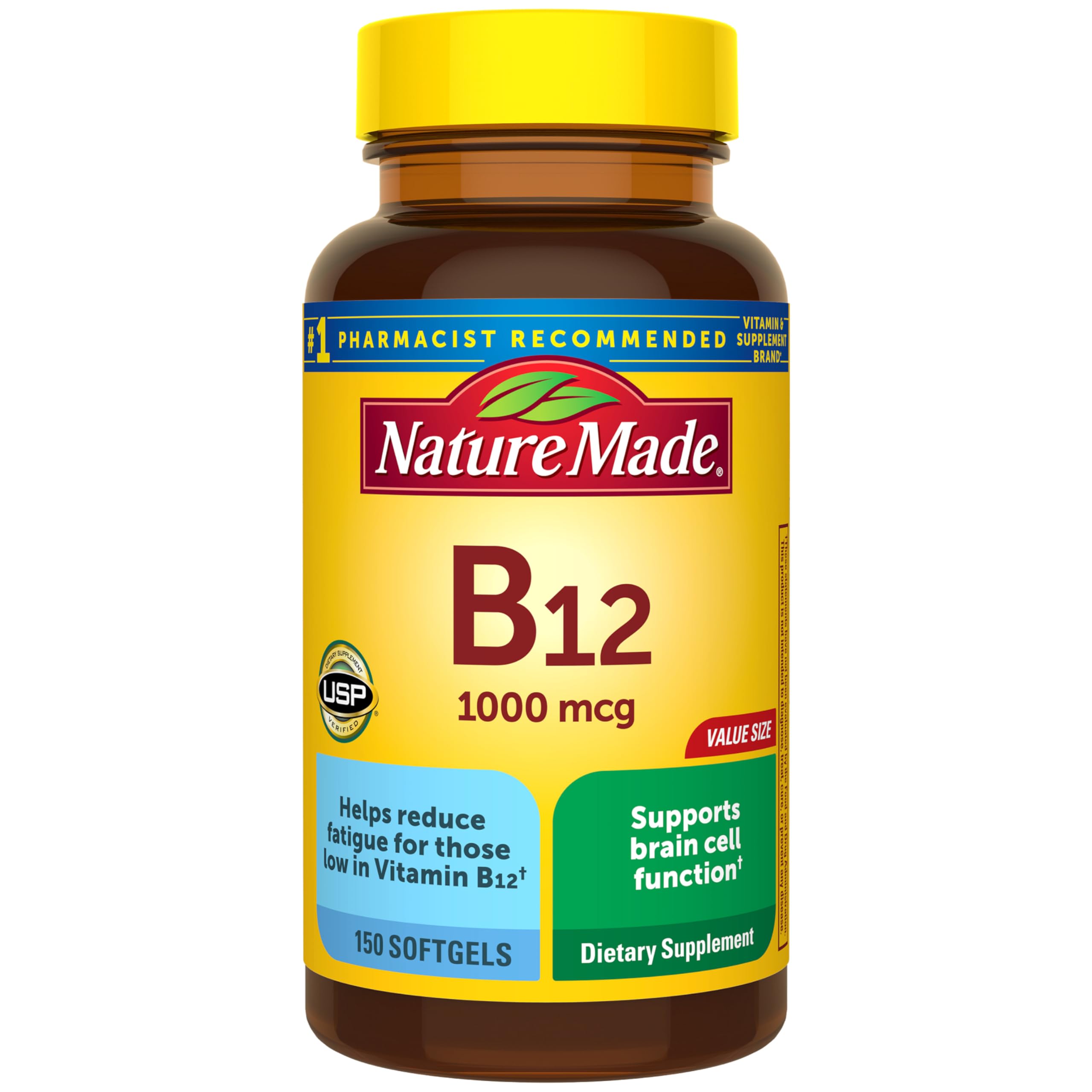 Nature Made botella frontal mostrando B12 1000 mcg y beneficio de suministro prolongado