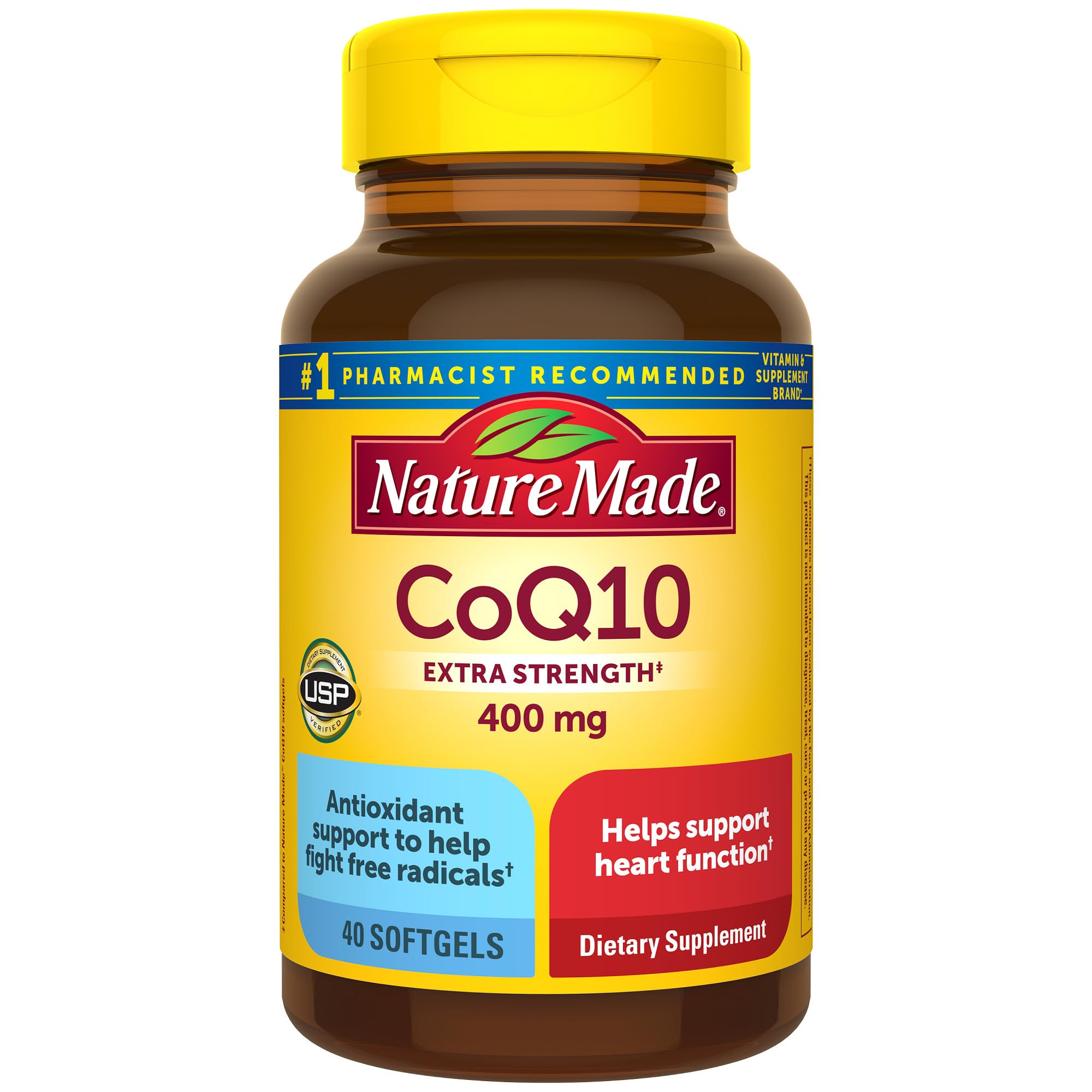 Nature Made frasco frente mostrando CoQ10 400 mg y ventaja de suministro de 40 días