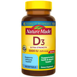 Nature Made frasco frontal mostrando D3 5000 UI y beneficio de suministro prolongado