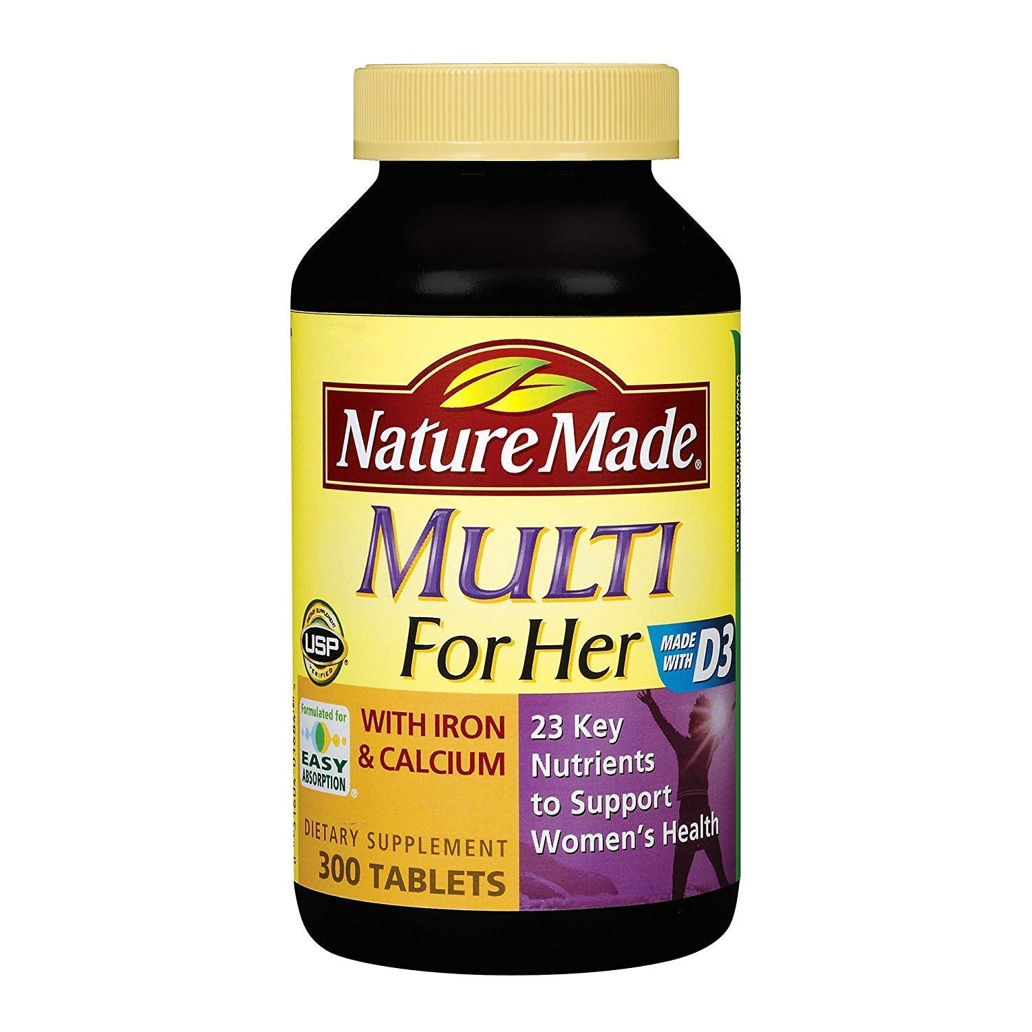 Nature Made frasco frontal mostrando etiqueta y beneficio nutricional para mujeres