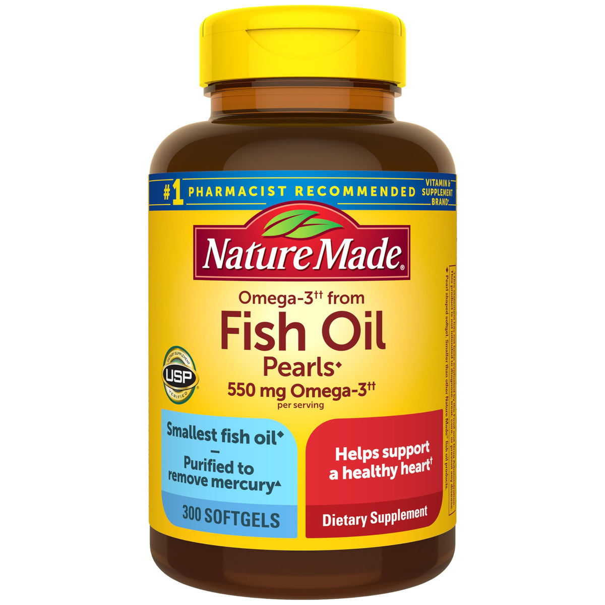 Nature Made frasco frontal mostrando 300 perlas y beneficios