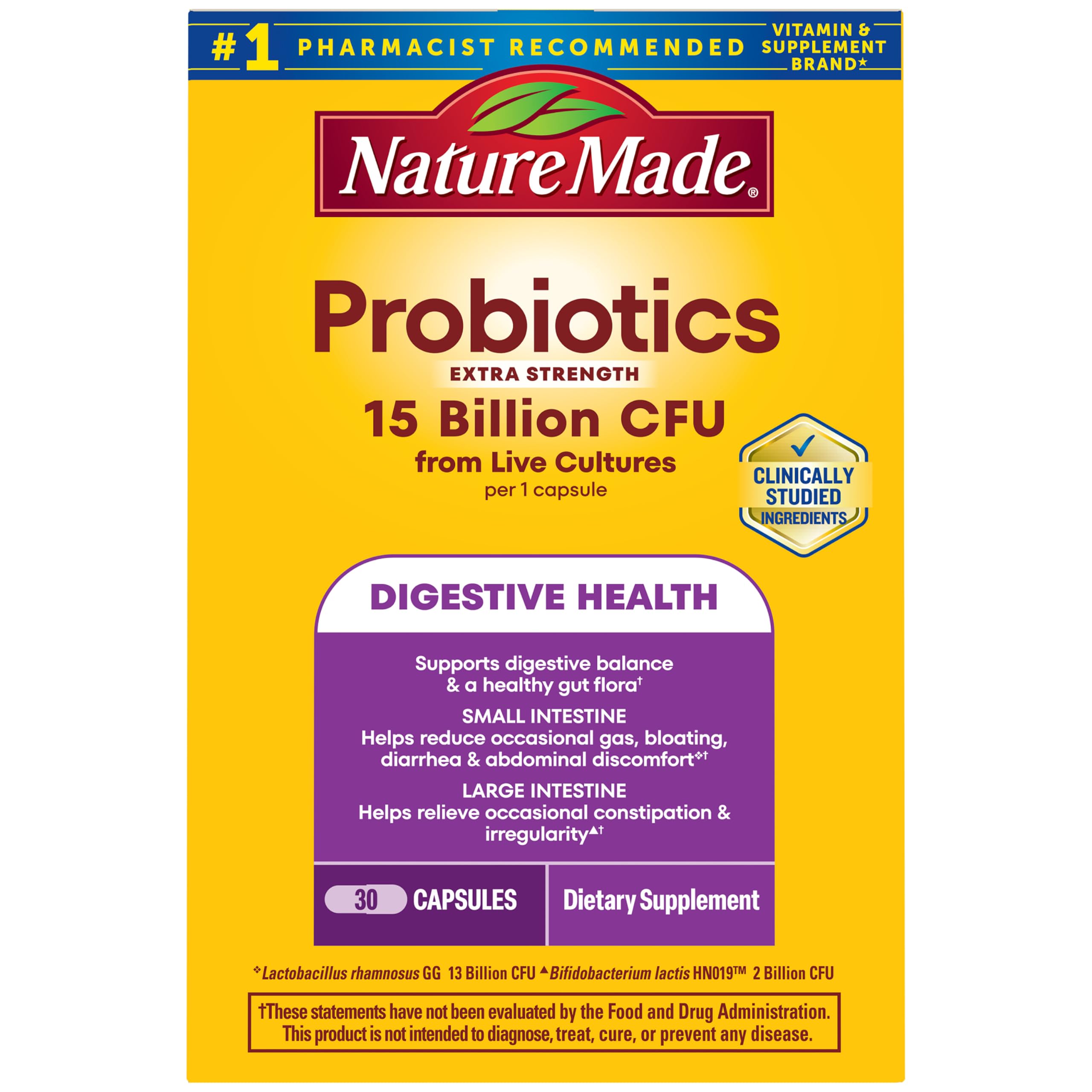 Nature Made frasco frontal mostrando etiqueta y beneficios para digestión