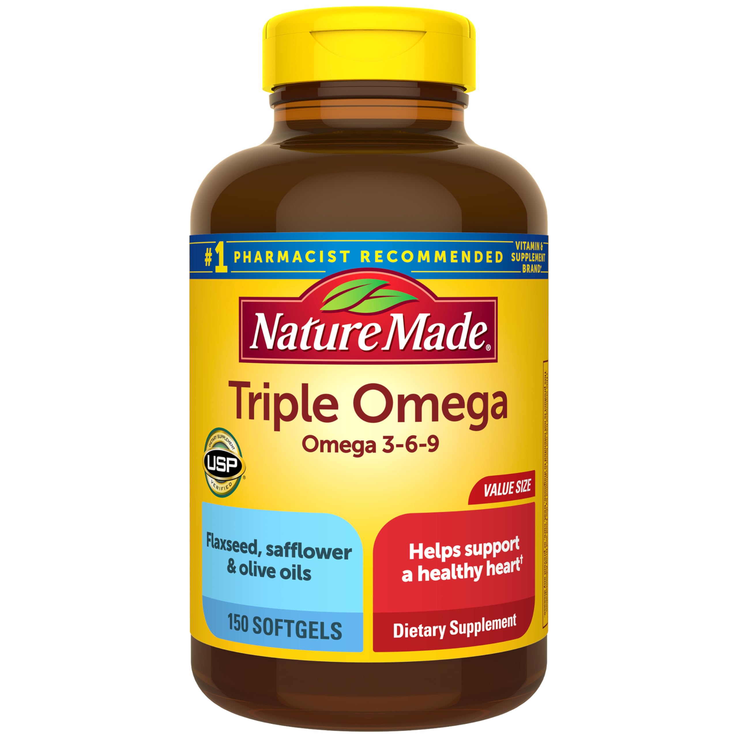 Nature Made frasco frontal mostrando 150 cápsulas y beneficio práctico