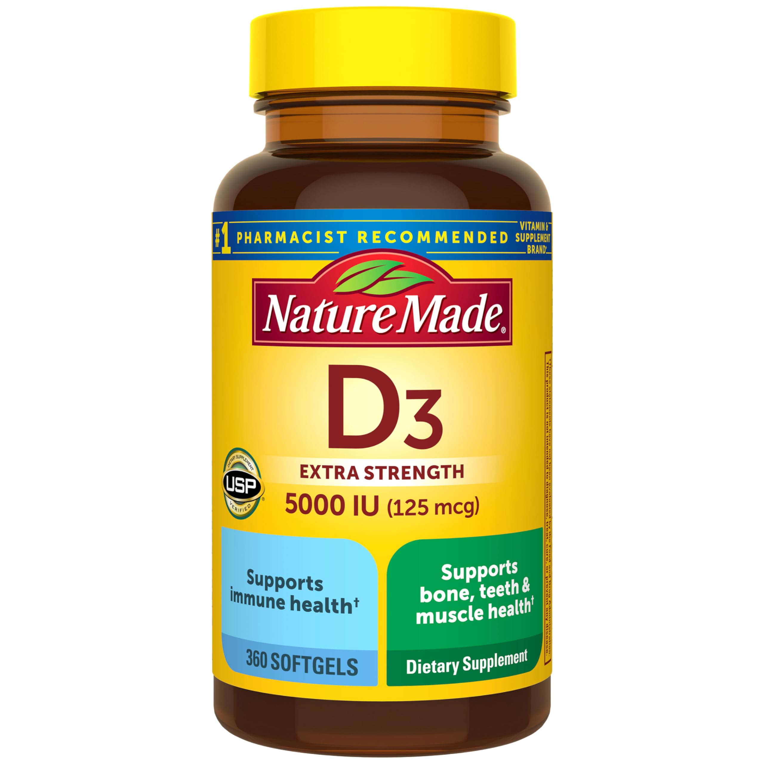 Nature Made frasco frontal mostrando 360 cápsulas y beneficio de suministro prolongado