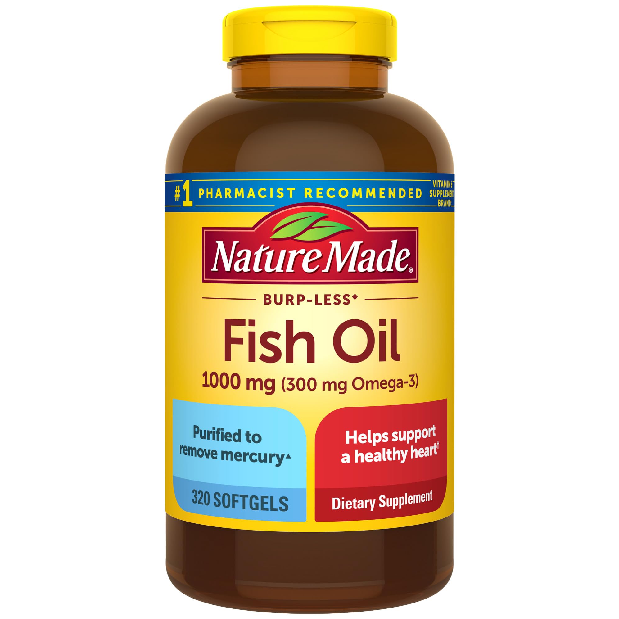 Nature Made frasco frontal mostrando 320 cápsulas y beneficios clave