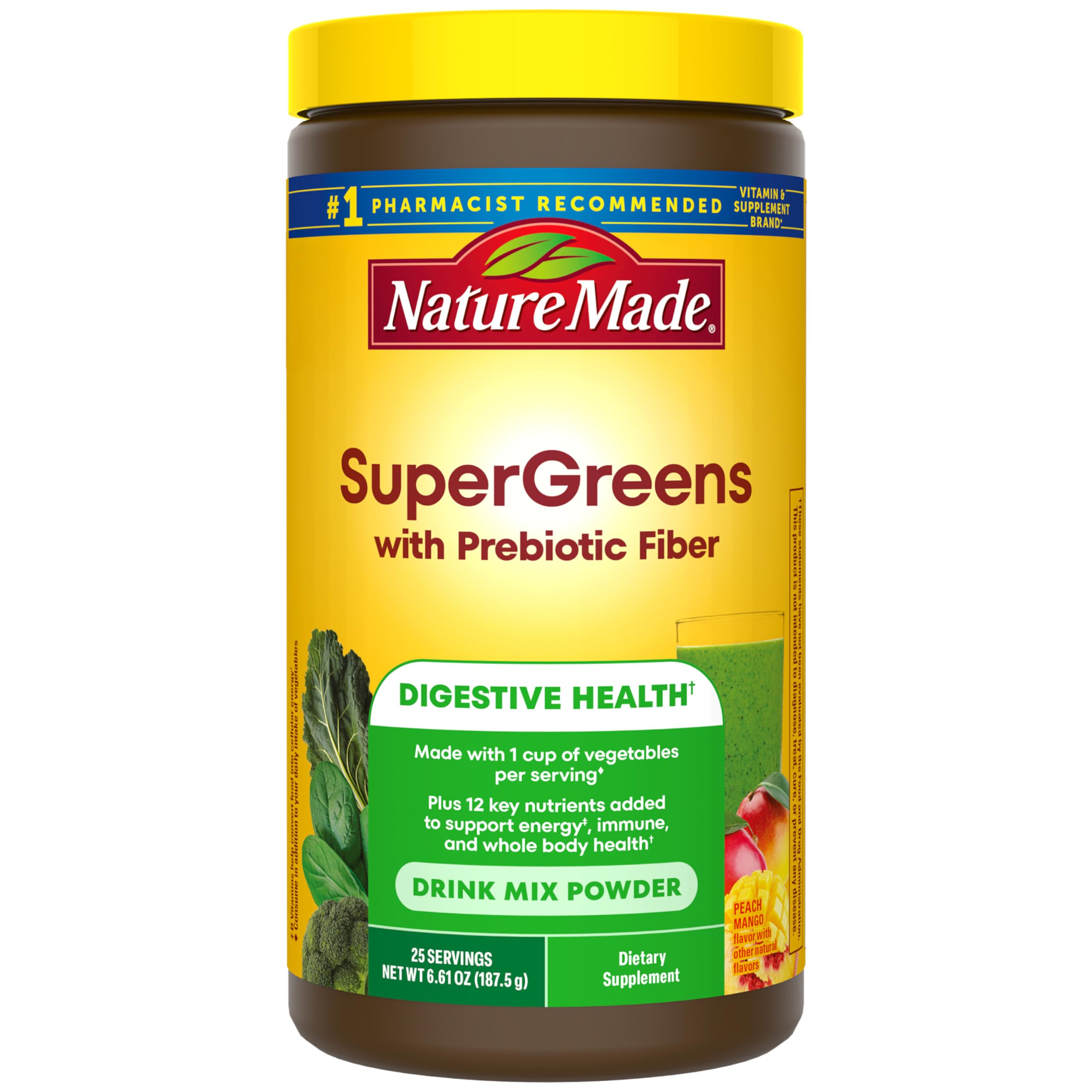 Nature Made frente del empaque mostrando sabor durazno mango y beneficio práctico