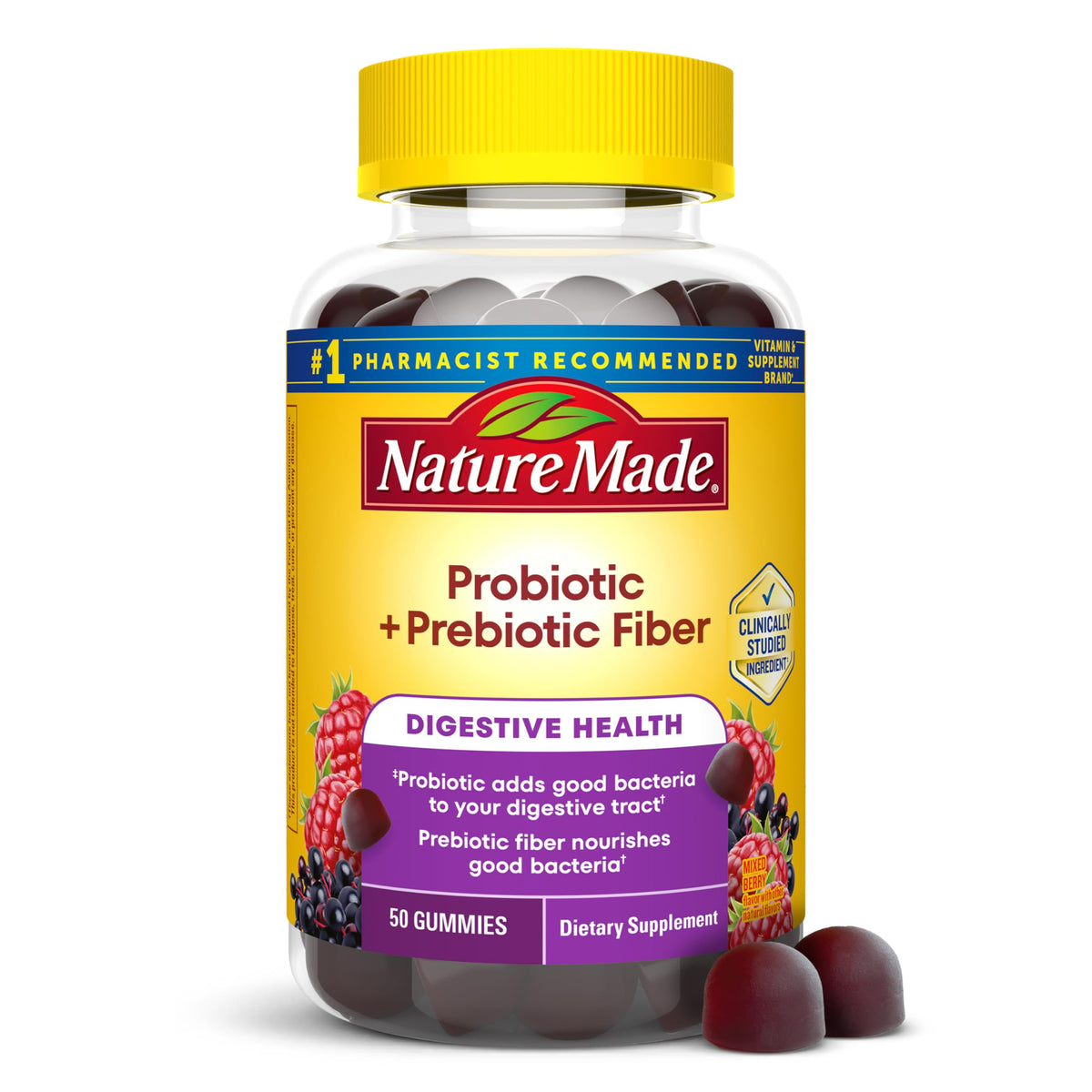 Nature Made frente del envase mostrando 50 gomitas y beneficios visibles