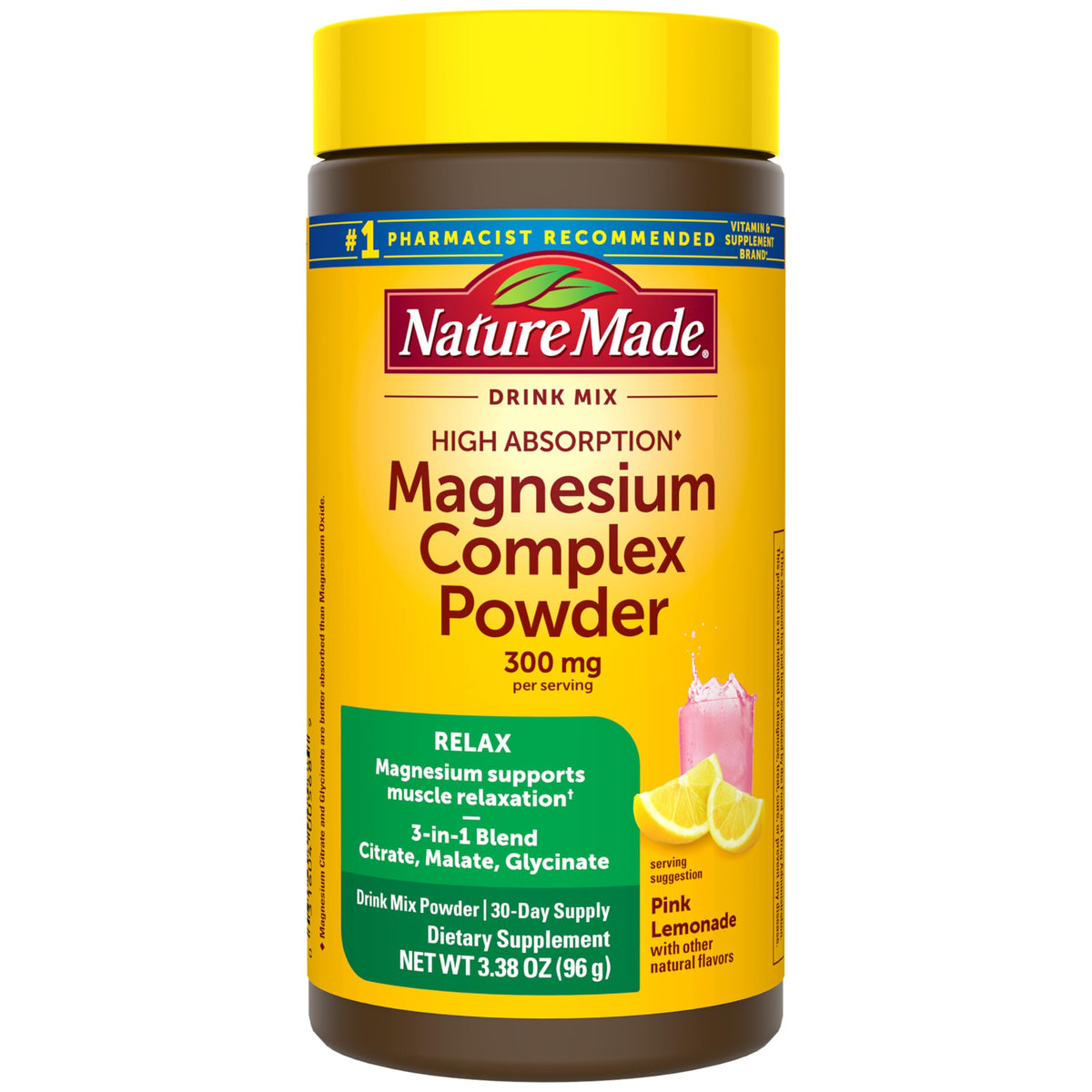 Nature Made muestra el frente del envase que destaca magnesio 300 mg y sabor limonada rosa