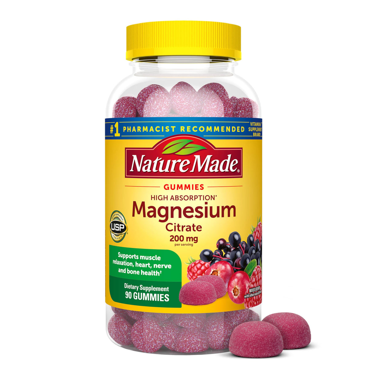 Nature Made frasco frontal mostrando 90 gomitas y beneficio de fácil dosificación