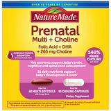 Nature Made empaque frontal prenatal y colina mostrando beneficio de soporte nutricional