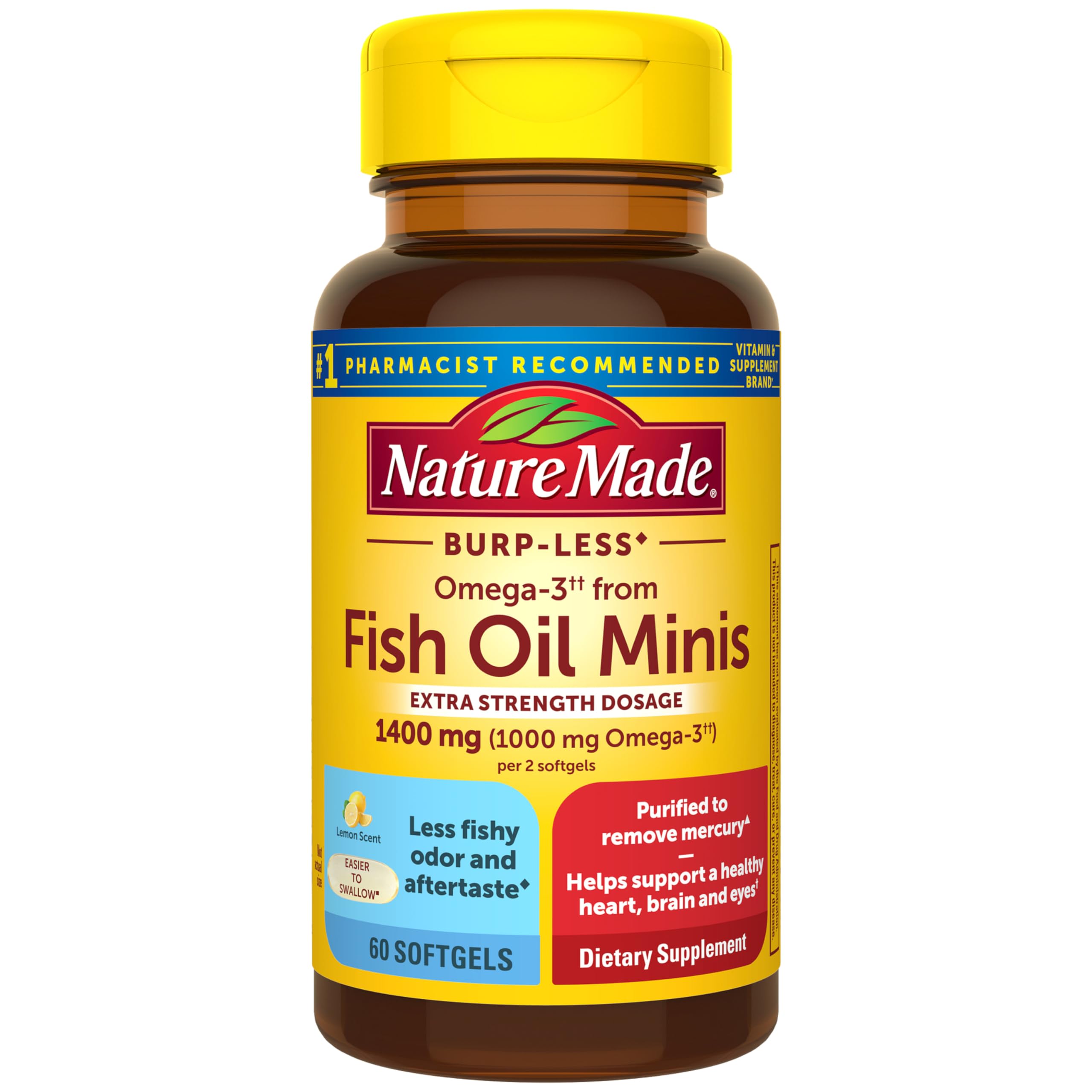 Nature Made envase frontal de minis omega‑3 que destaca facilidad de uso