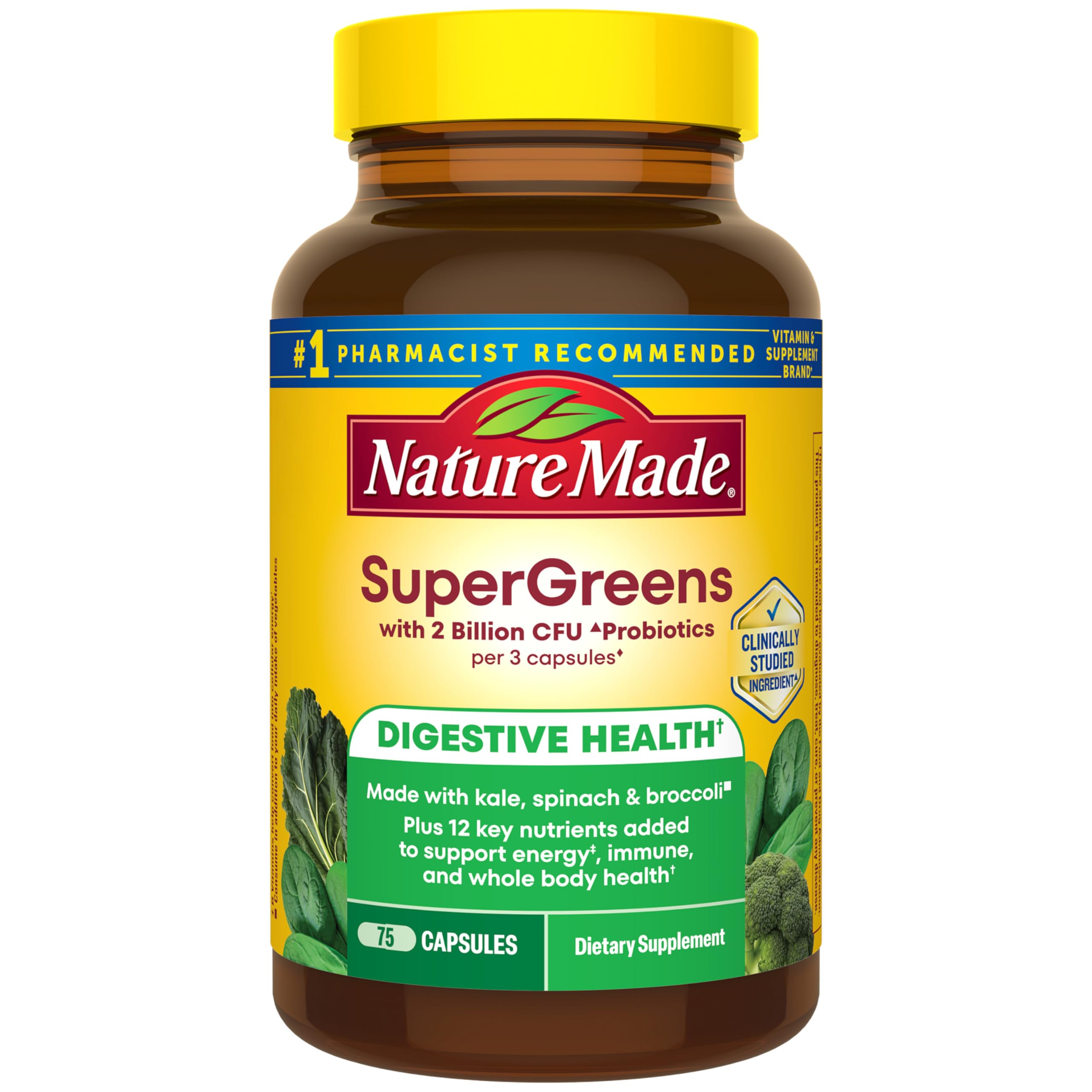 Nature Made frontal del envase Super Greens mostrando información del producto y beneficios