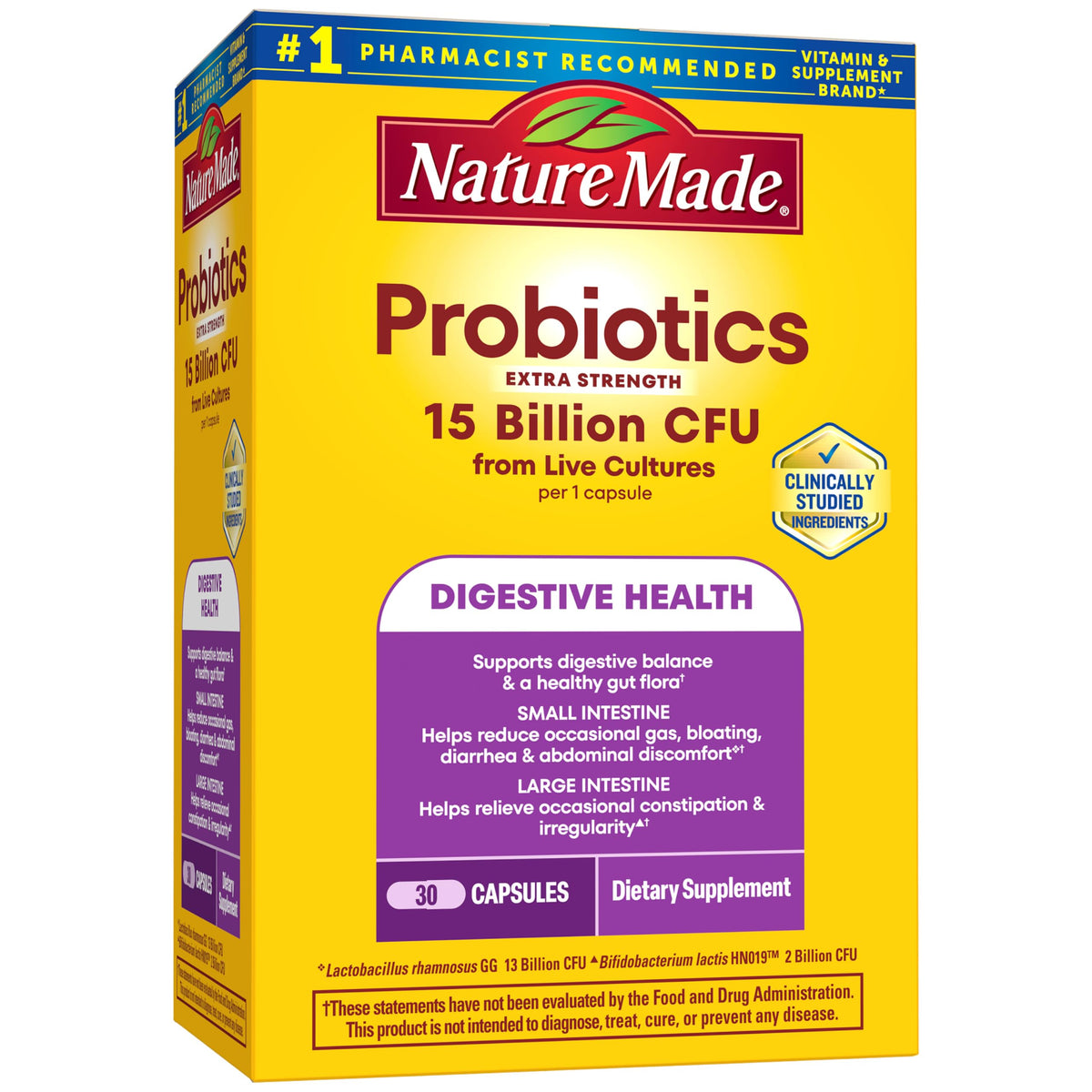 Nature Made envase frontal mostrando 30 cápsulas y beneficio de equilibrio digestivo