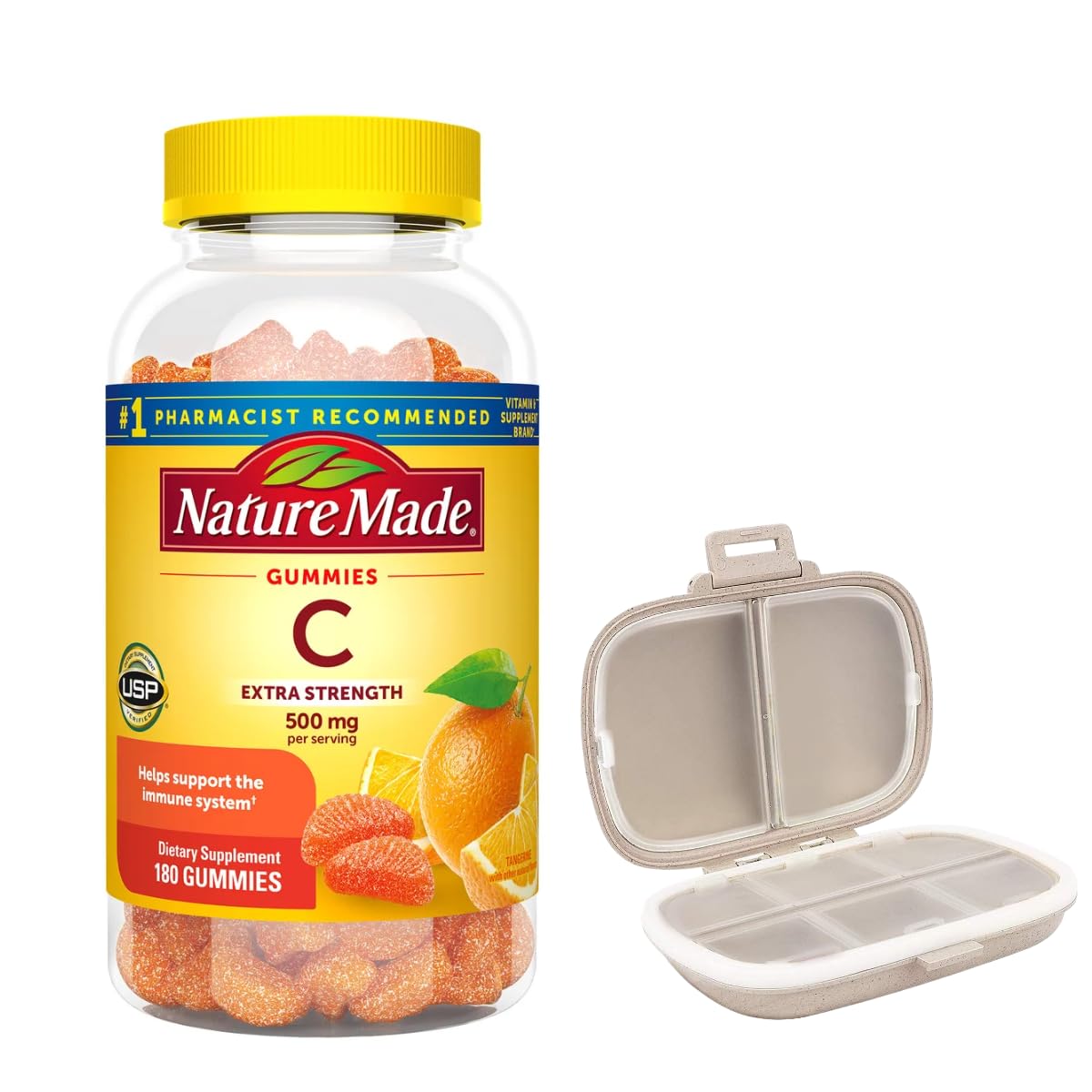 Nature Made frasco frontal mostrando 180 gomitas y facilidad de uso