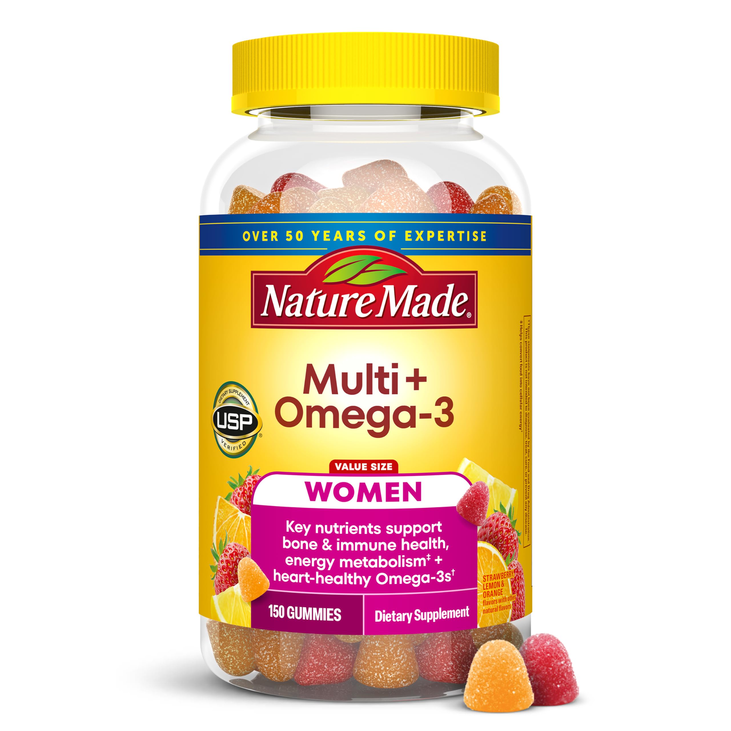 Nature Made frasco frontal mostrando 150 gomitas y etiqueta clara como apoyo diario