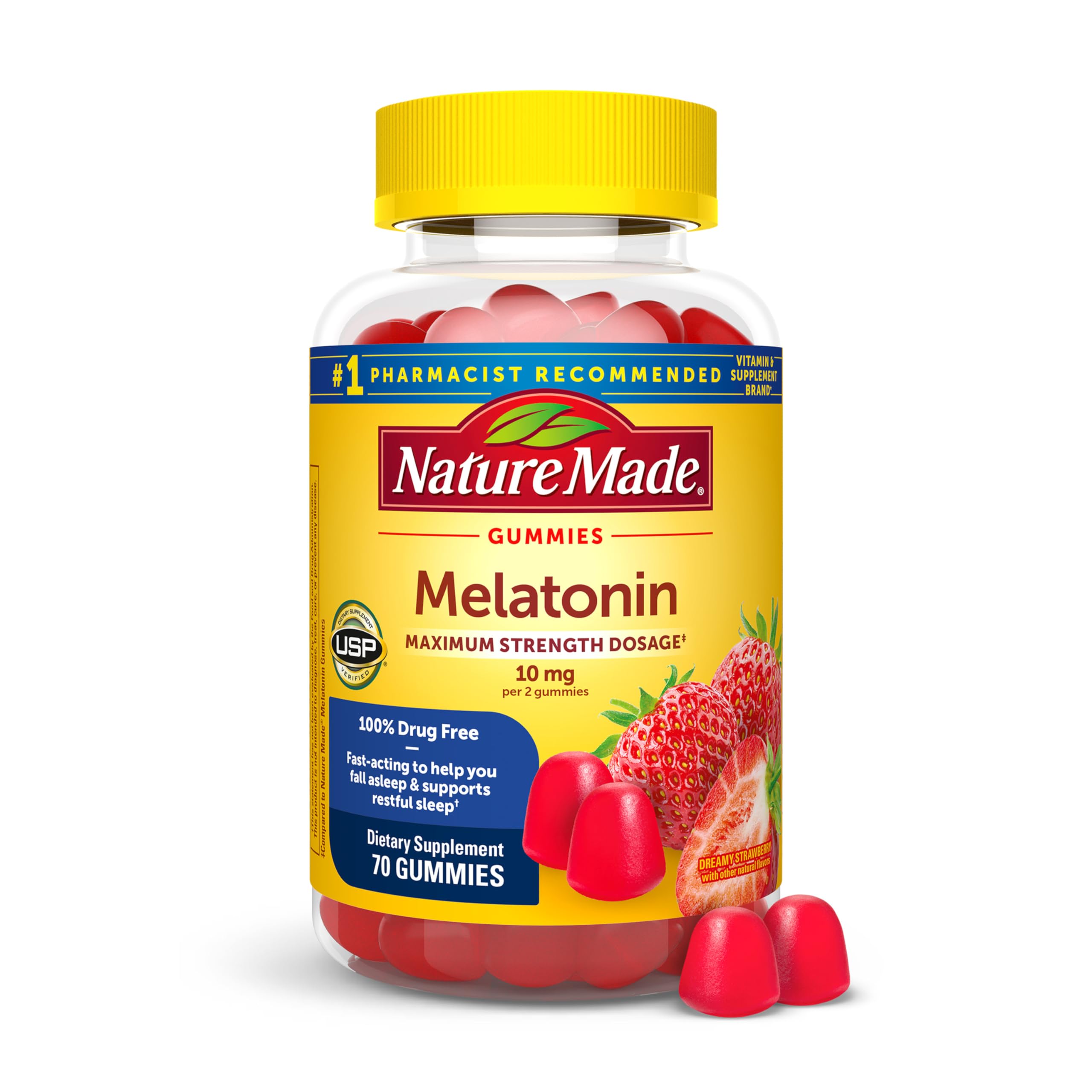 Nature Made frasco de gomitas Melatonina 10 mg vista frontal y etiqueta clara