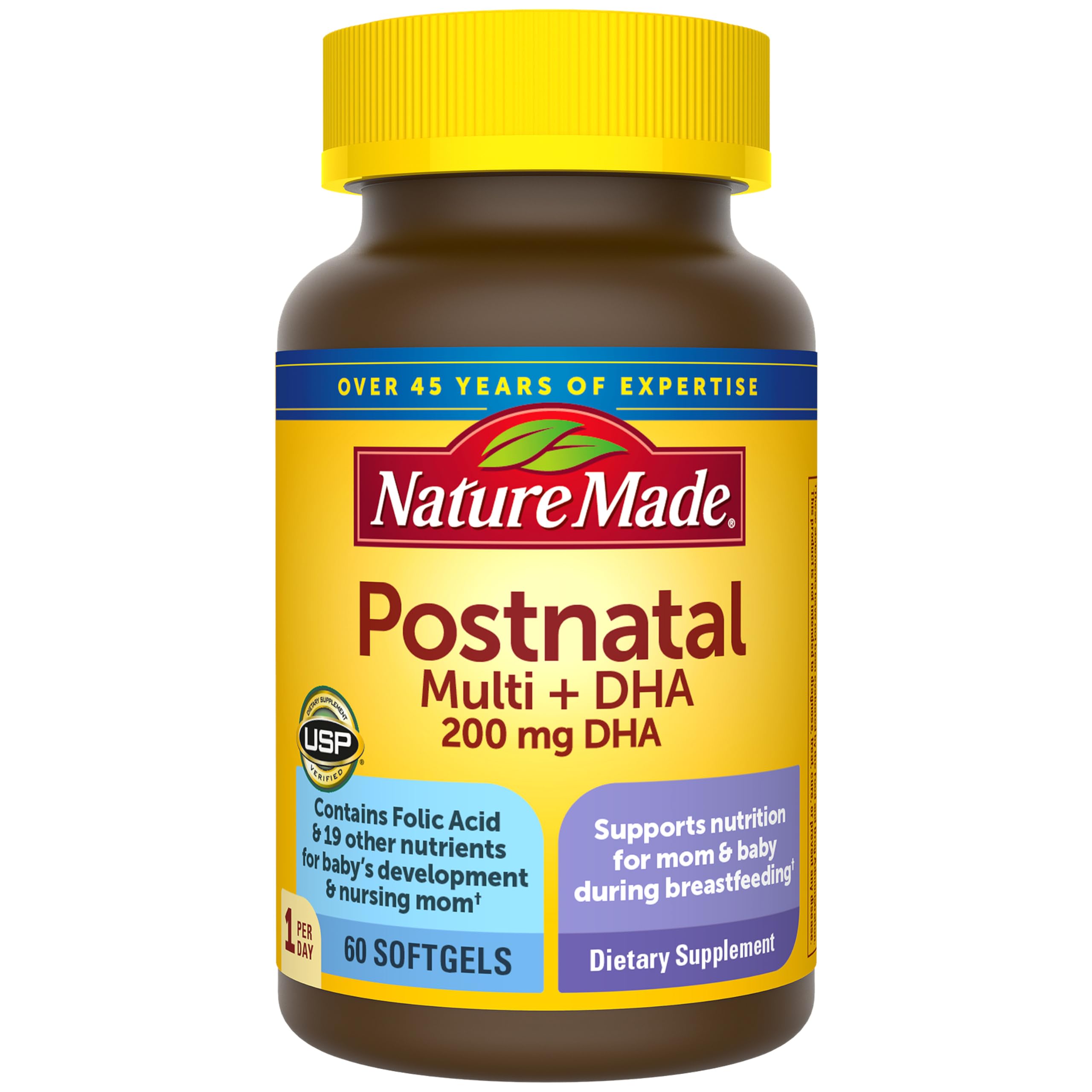Nature Made envase frontal mostrando 60 cápsulas para lactancia y conveniencia