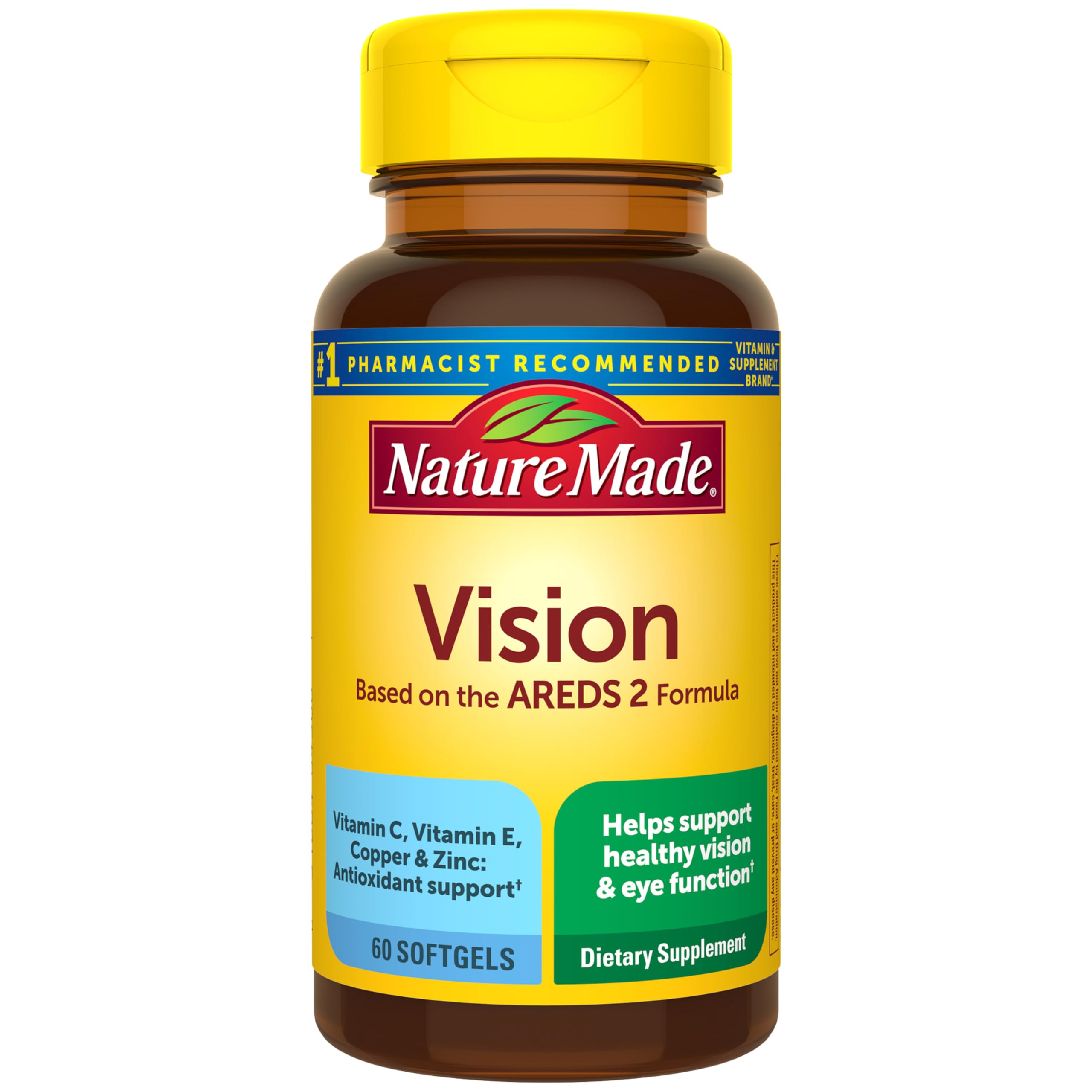 Nature Made visión frontal del envase mostrando beneficio de apoyo ocular