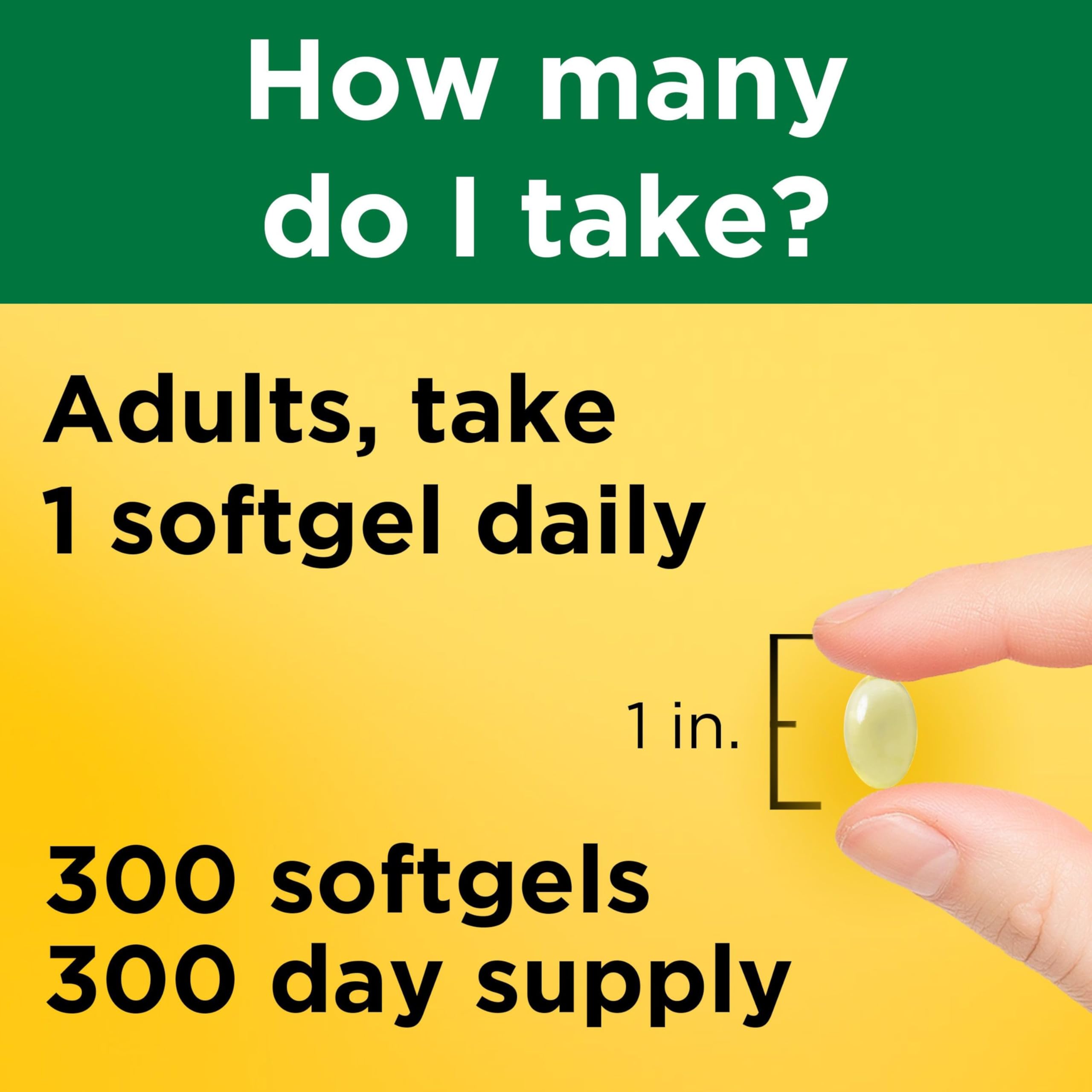 Nature Made softgel en mano listo para tomar, conveniencia del suplemento diario