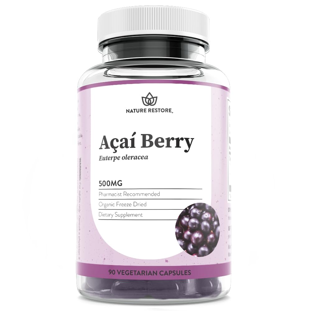 Nature Restore frasco de Acai orgánico mostrando presentación frontal y beneficios