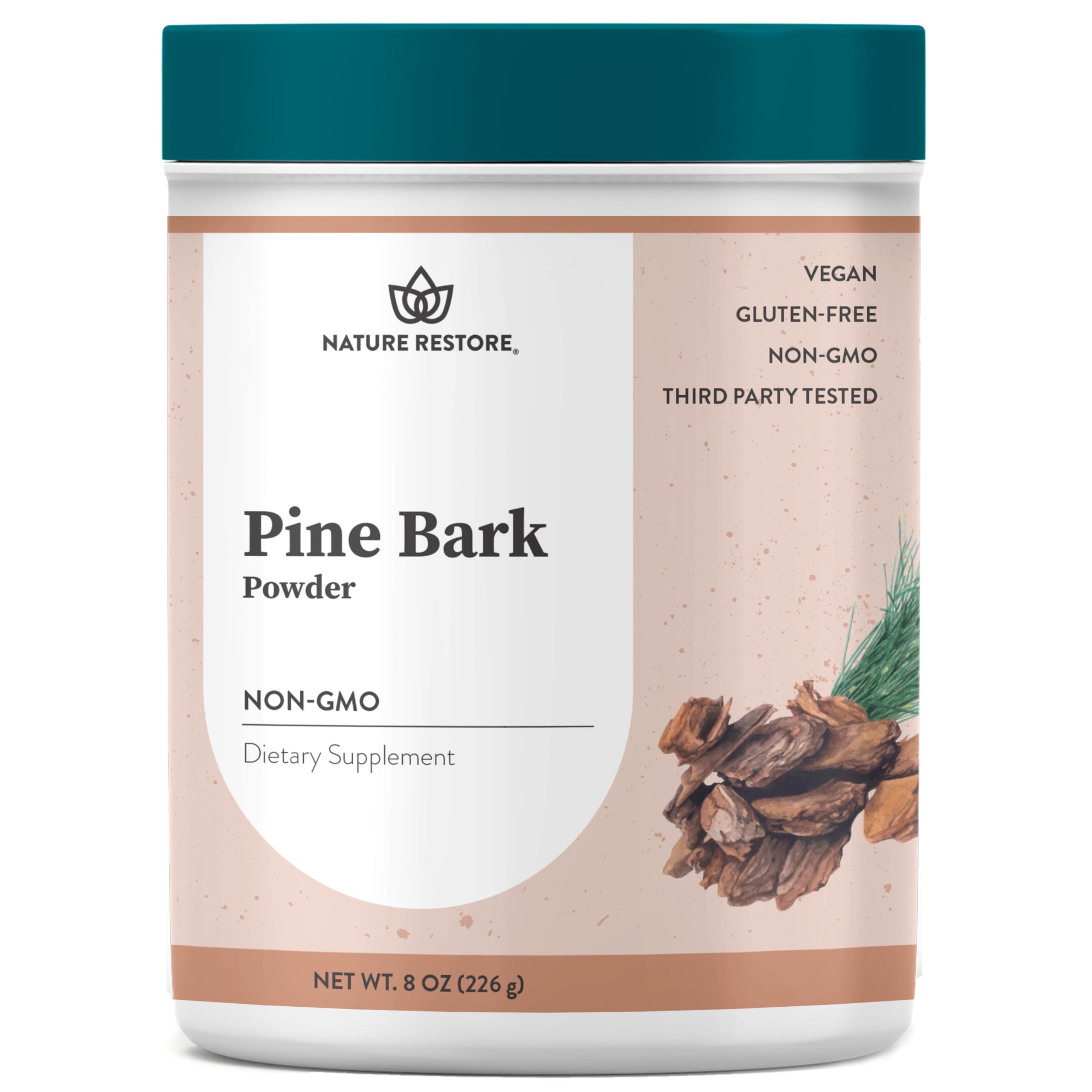 Nature Restore frasco frontal de extracto de corteza de pino con etiqueta clara y beneficio antioxidante