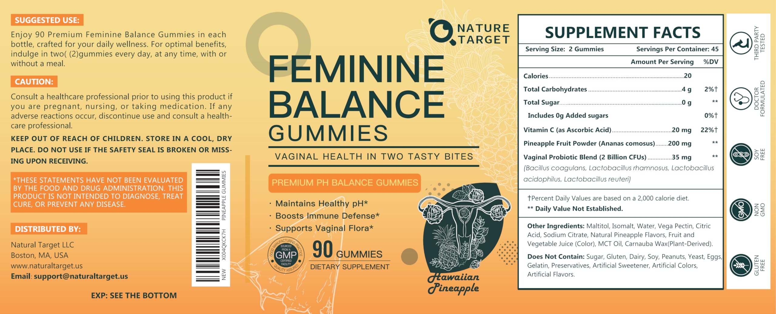 NATURE TARGET comparación de tamaño con monedas, 90 gomitas para 45 días