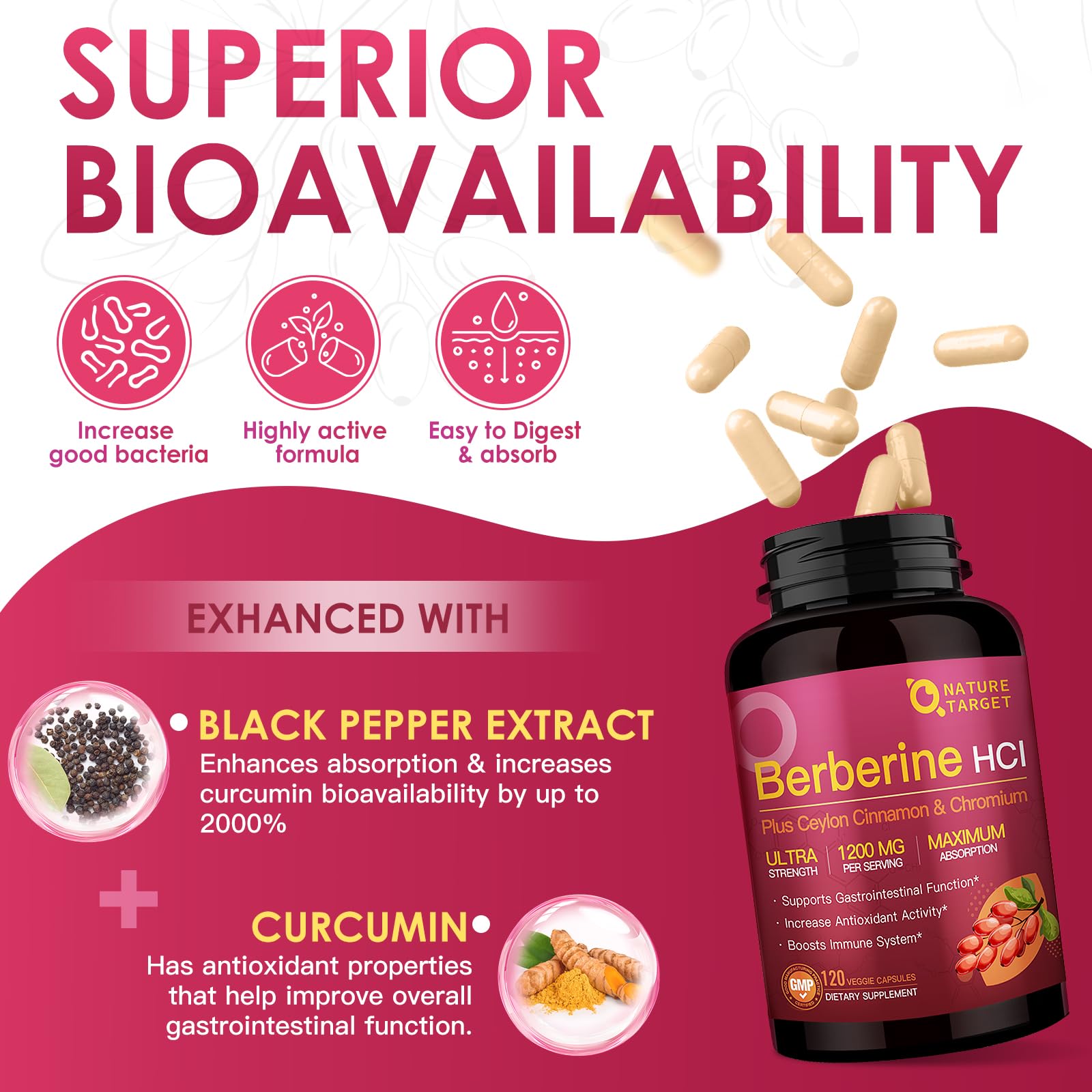 NATURE TARGET etiqueta con lista de ingredientes y certificación GMP visible