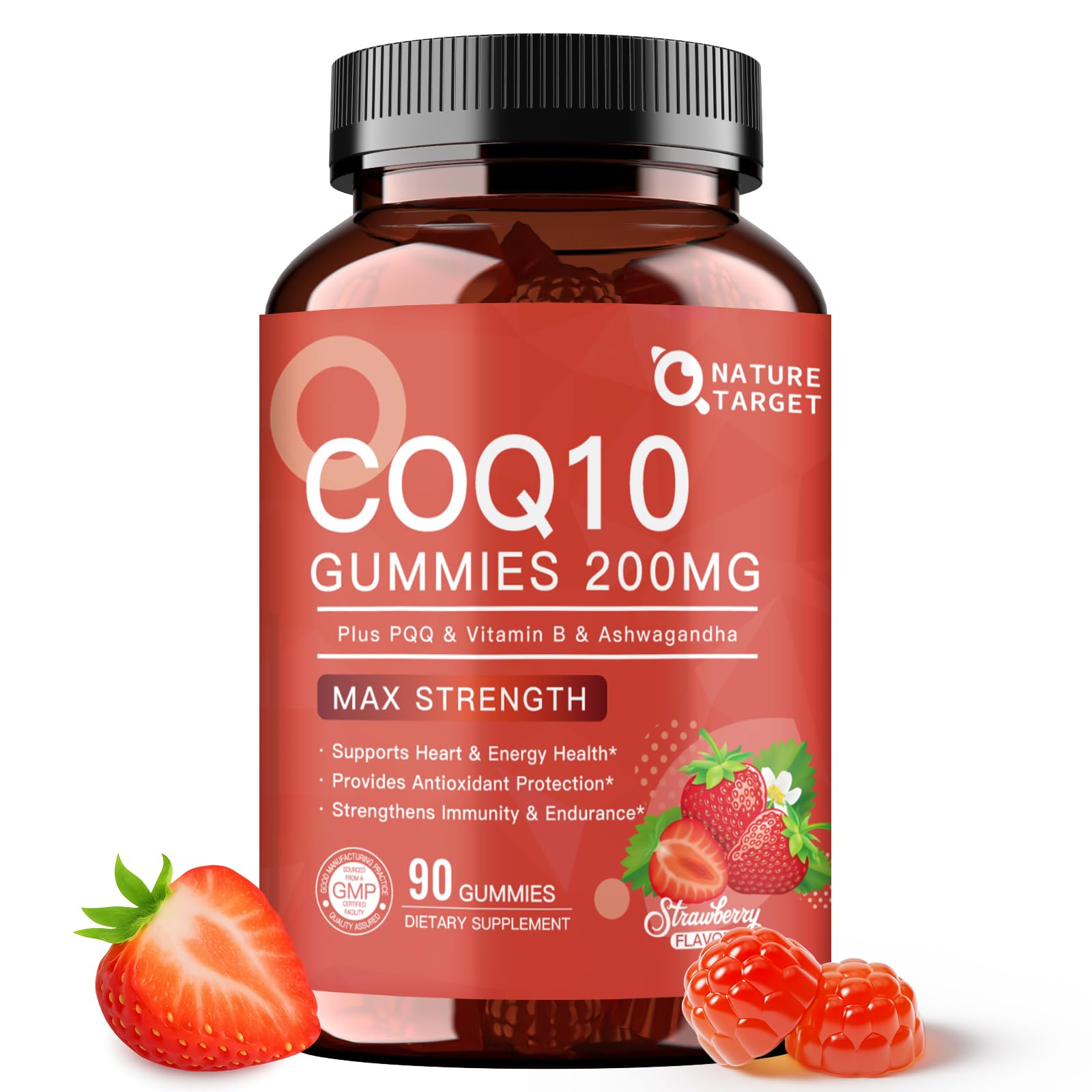 NATURE TARGET frasco frontal de gominolas CoQ10 fresa que destaca facilidad de uso