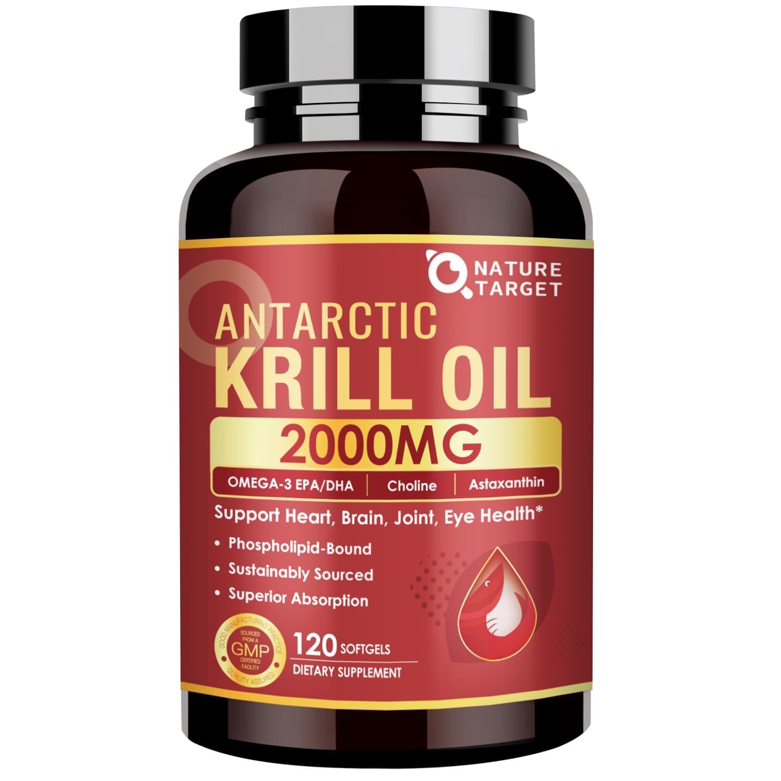 NATURE TARGET frasco frontal de aceite de krill 2000 mg mostrando presentación y cantidad