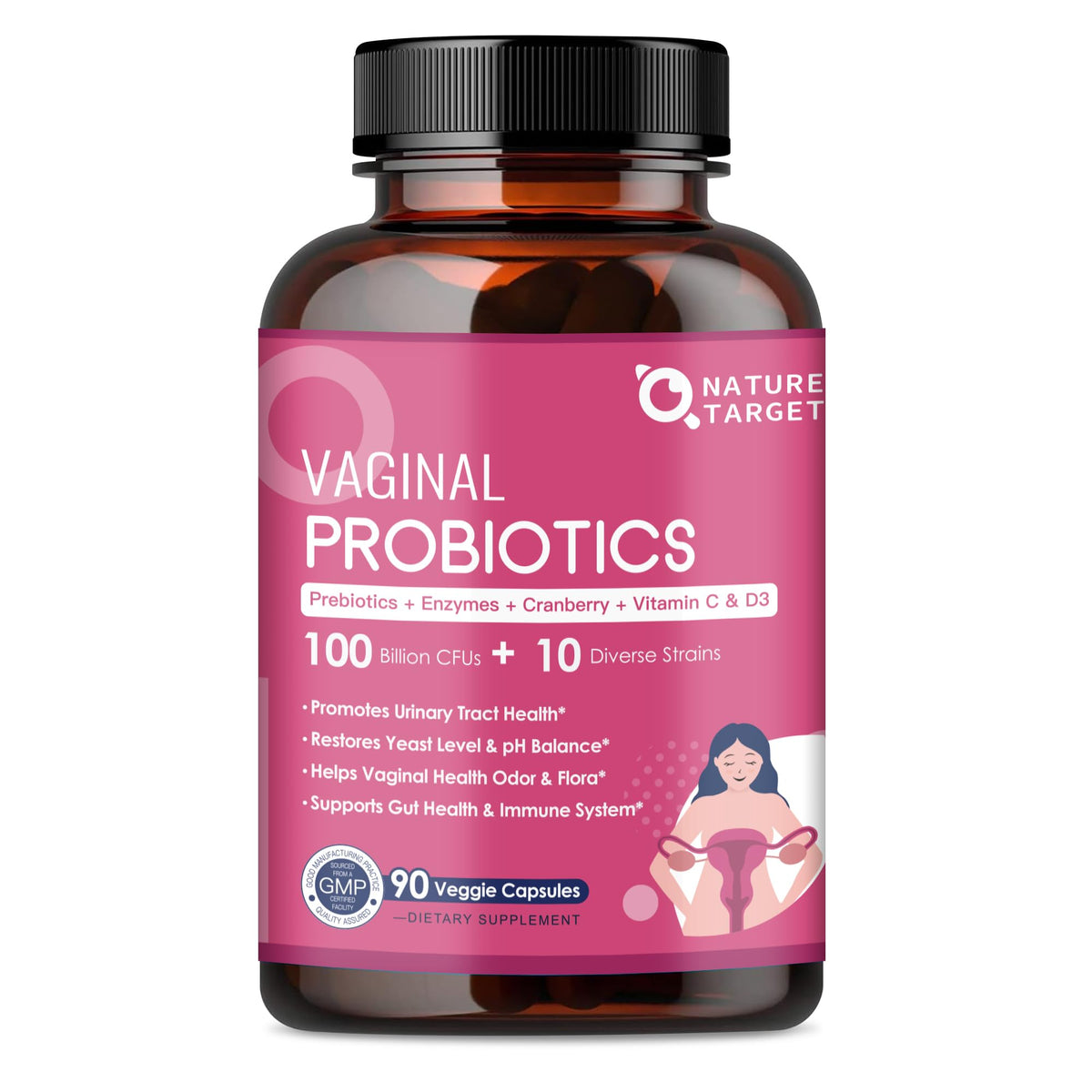 Frasco NATURE TARGET frontal mostrando 90 cápsulas y beneficios para salud íntima