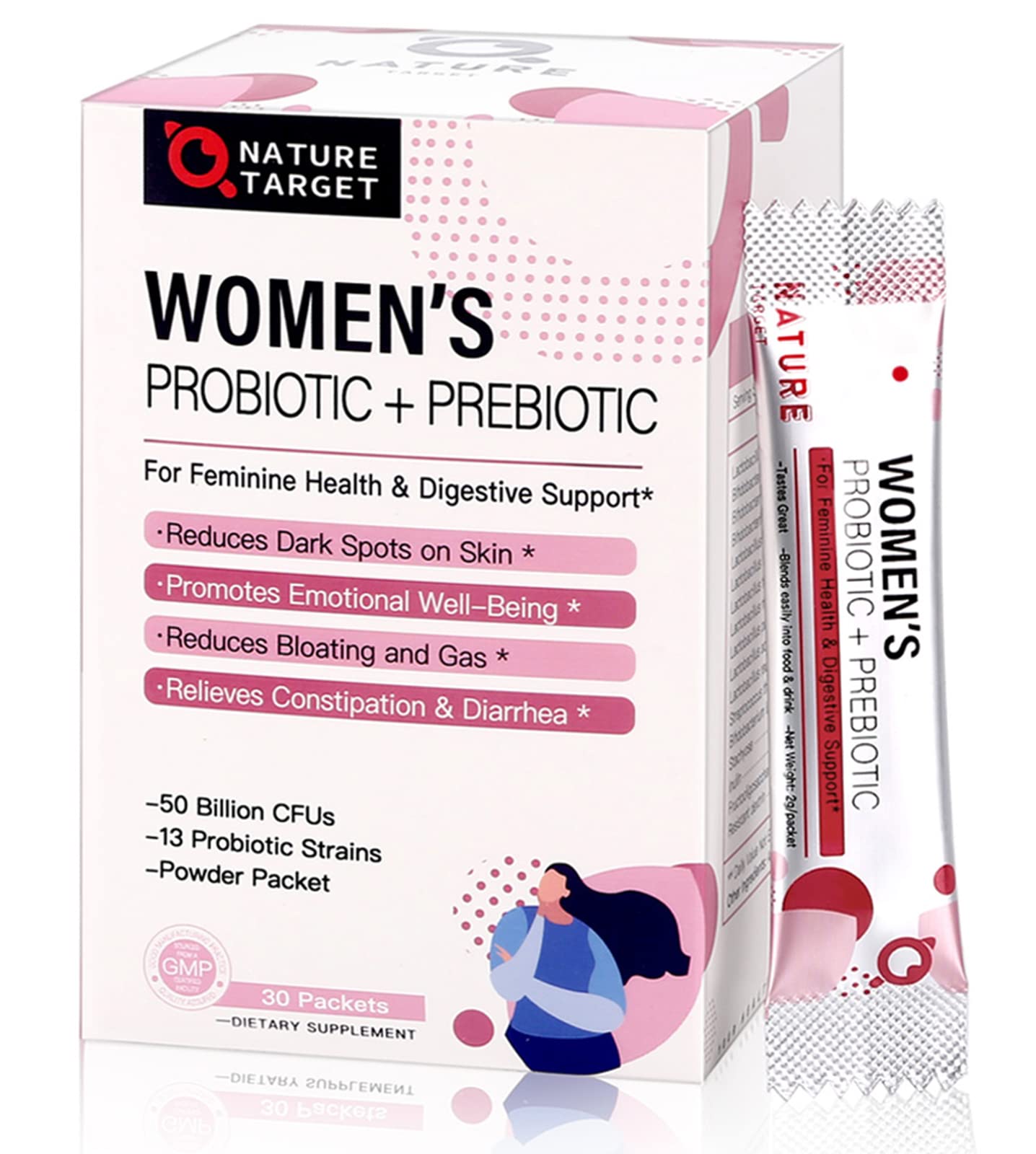 NATURE TARGET frente del empaque mostrando beneficios y 30 stick packs