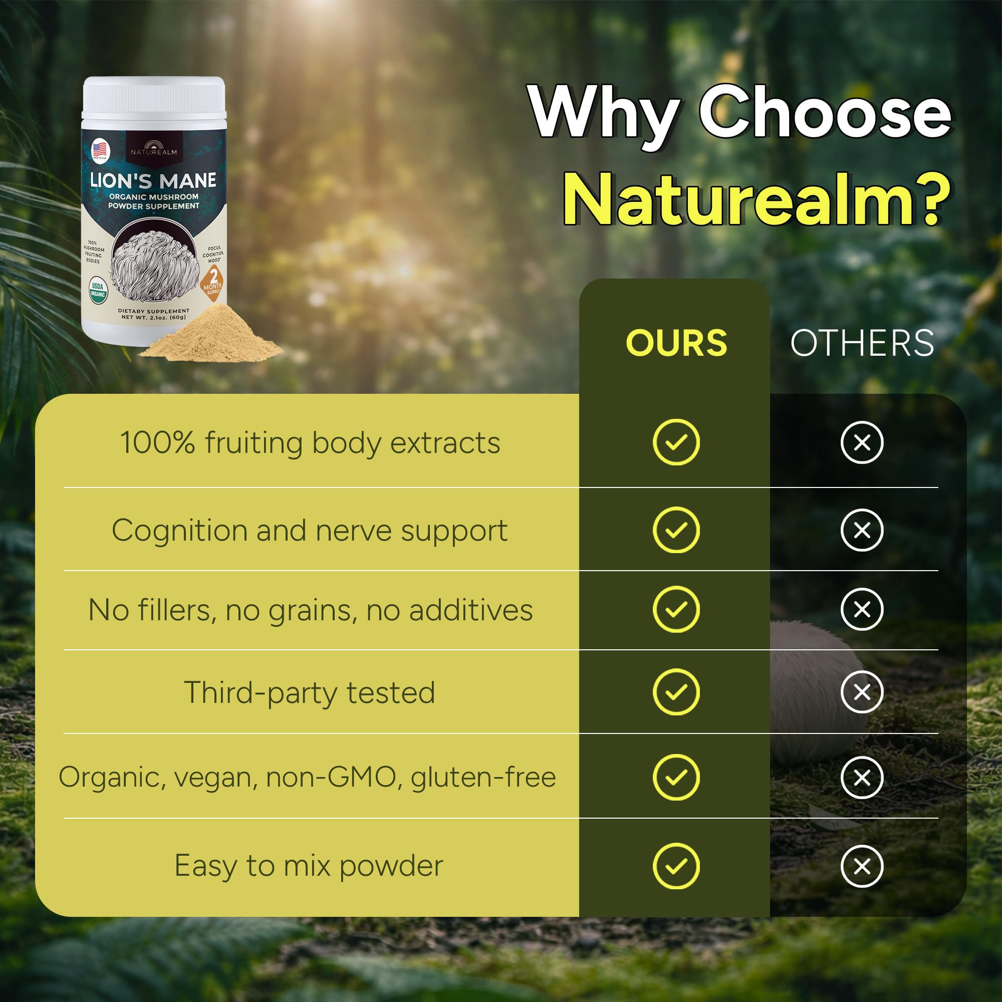 Naturealm etiqueta con lista de ingredientes y sello de verificación de beta-glucanos