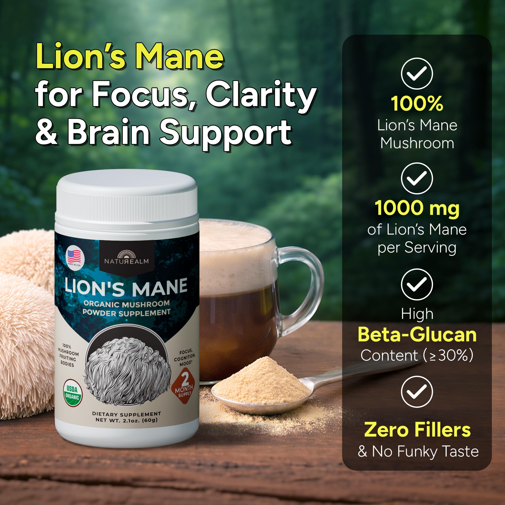 Naturealm polvo de Lion's Mane en primer plano mostrando textura fina y solubilidad
