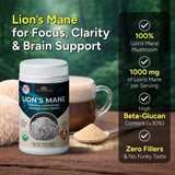 Naturealm polvo de Lion's Mane en primer plano mostrando textura fina y solubilidad