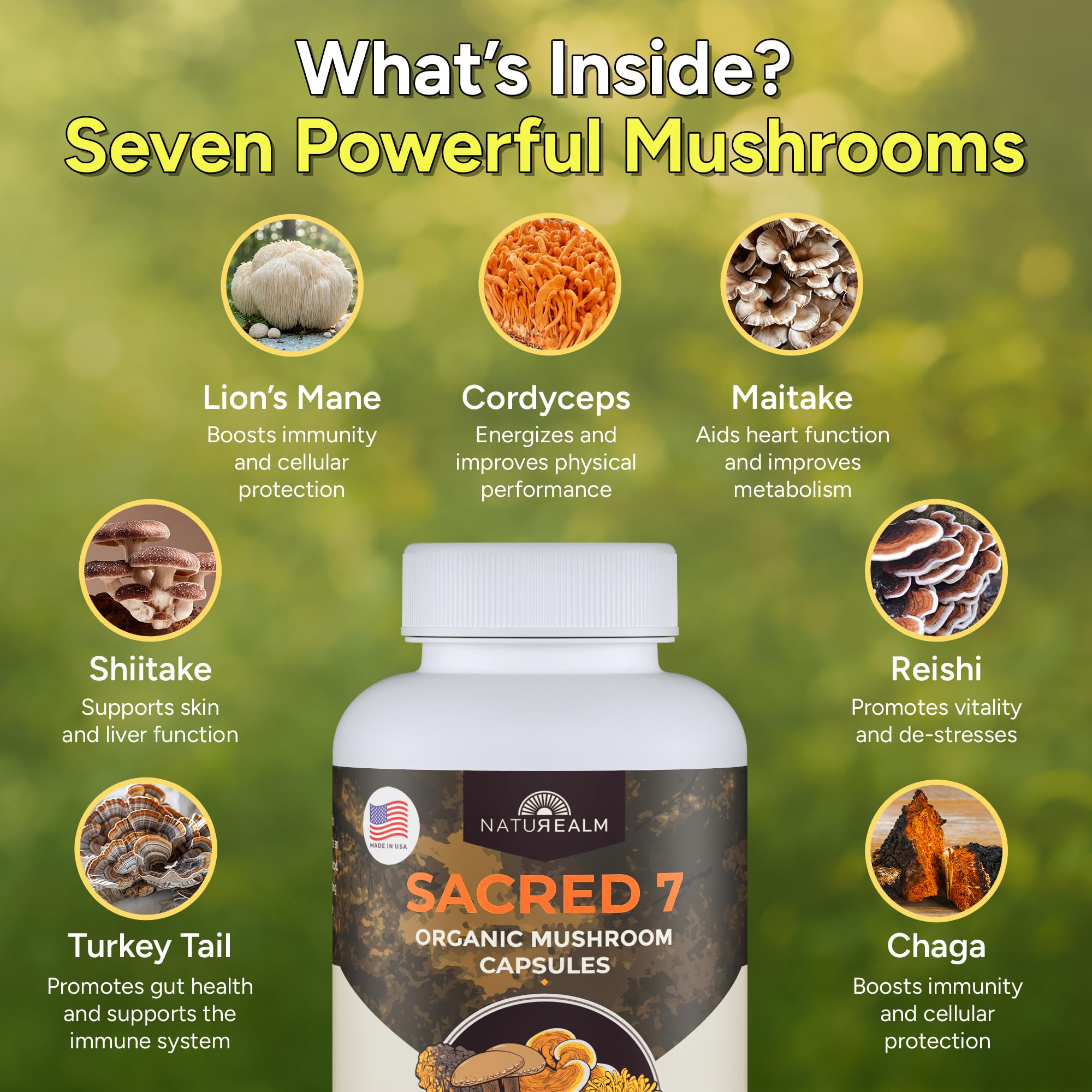 Naturealm Sacred 7 etiqueta con lista de ingredientes y pureza verificada