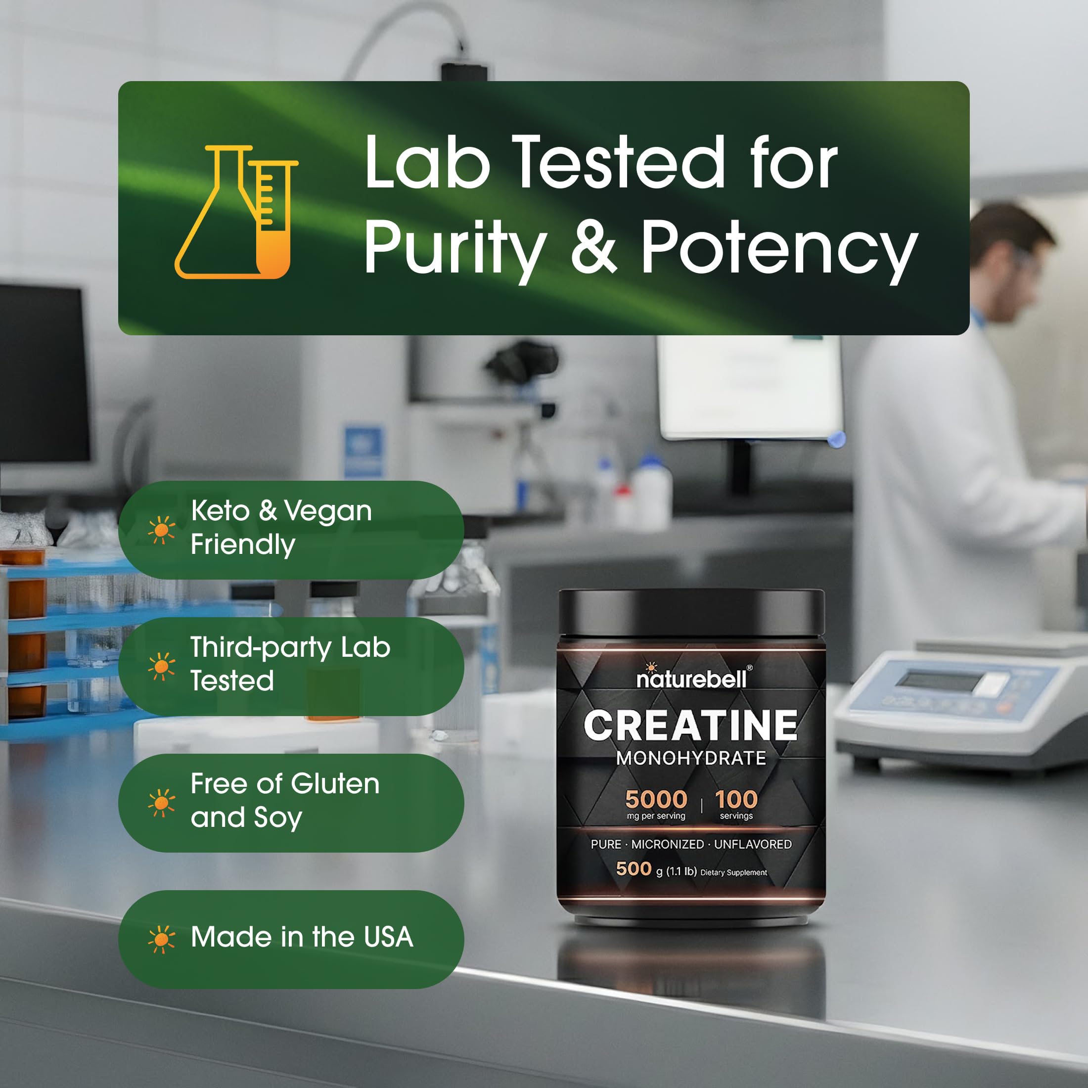 Detalle de la etiqueta NatureBell con información de pureza y terceros testados