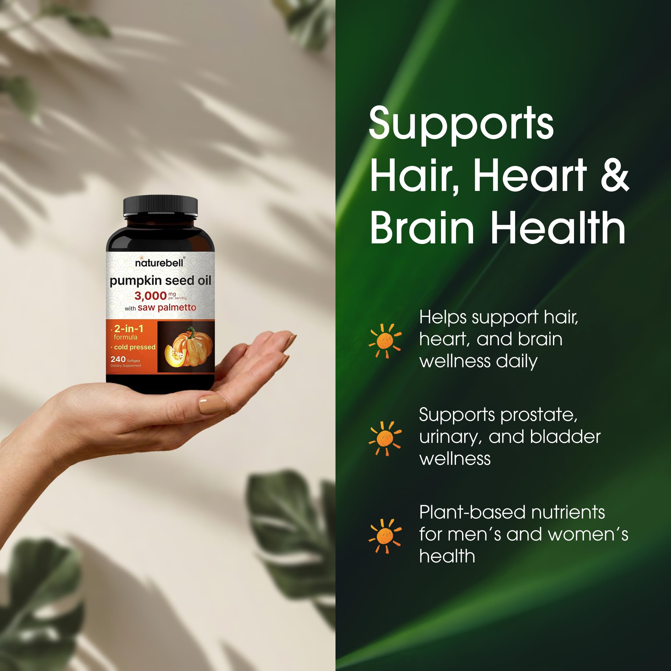 NatureBell envase acompañado de semillas y saw palmetto como ingredientes