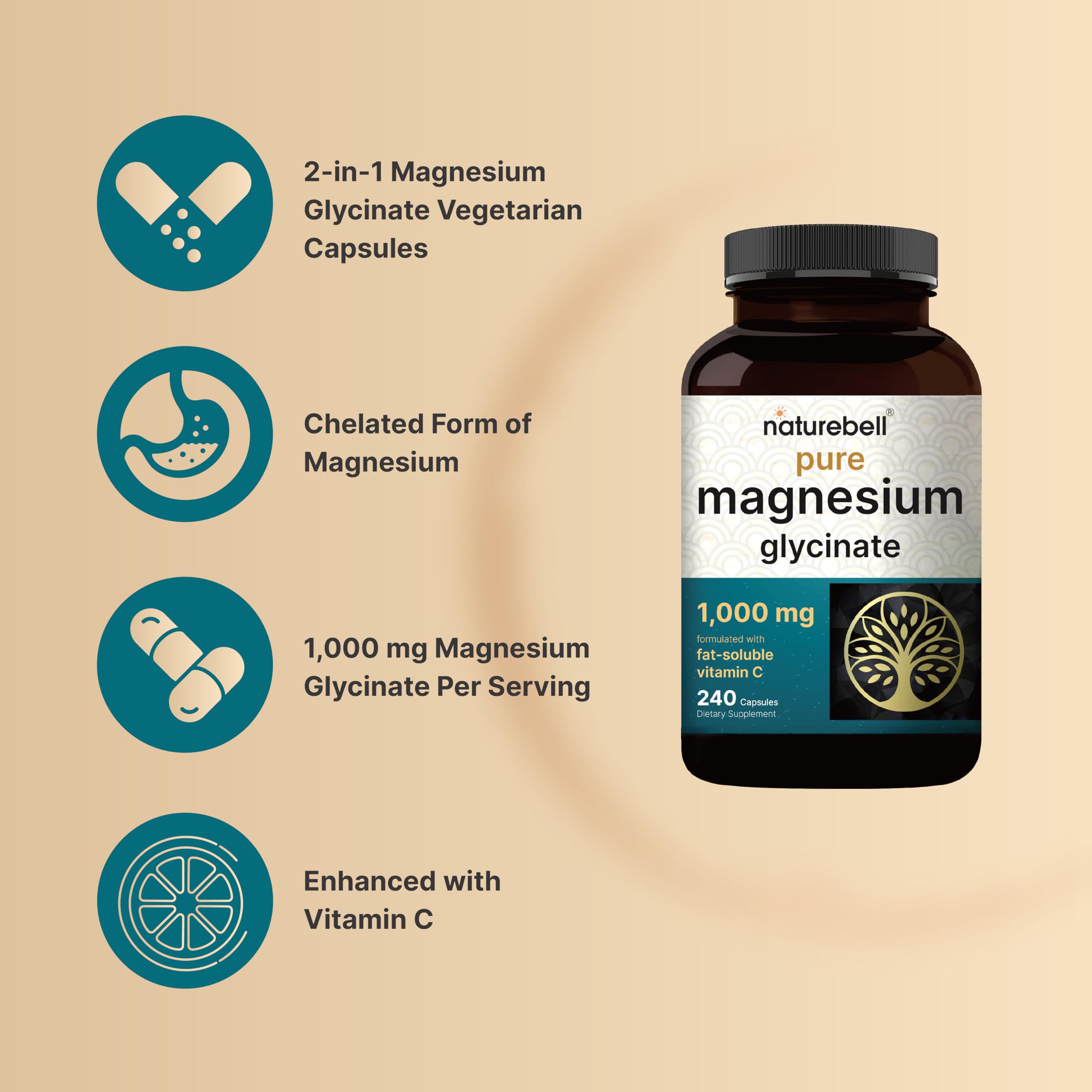 NatureBell etiqueta de ingredientes destacando magnesio glicinato y vitamina C estable