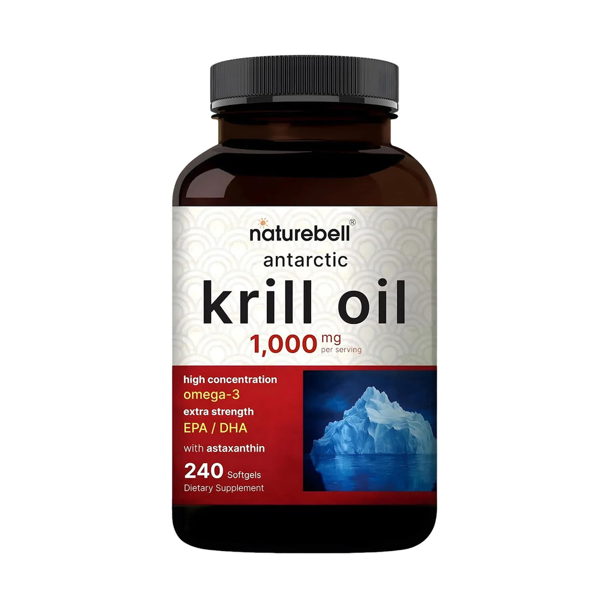 NatureBell frasco delantero del suplemento de kril antártico mostrando etiqueta y tamaño