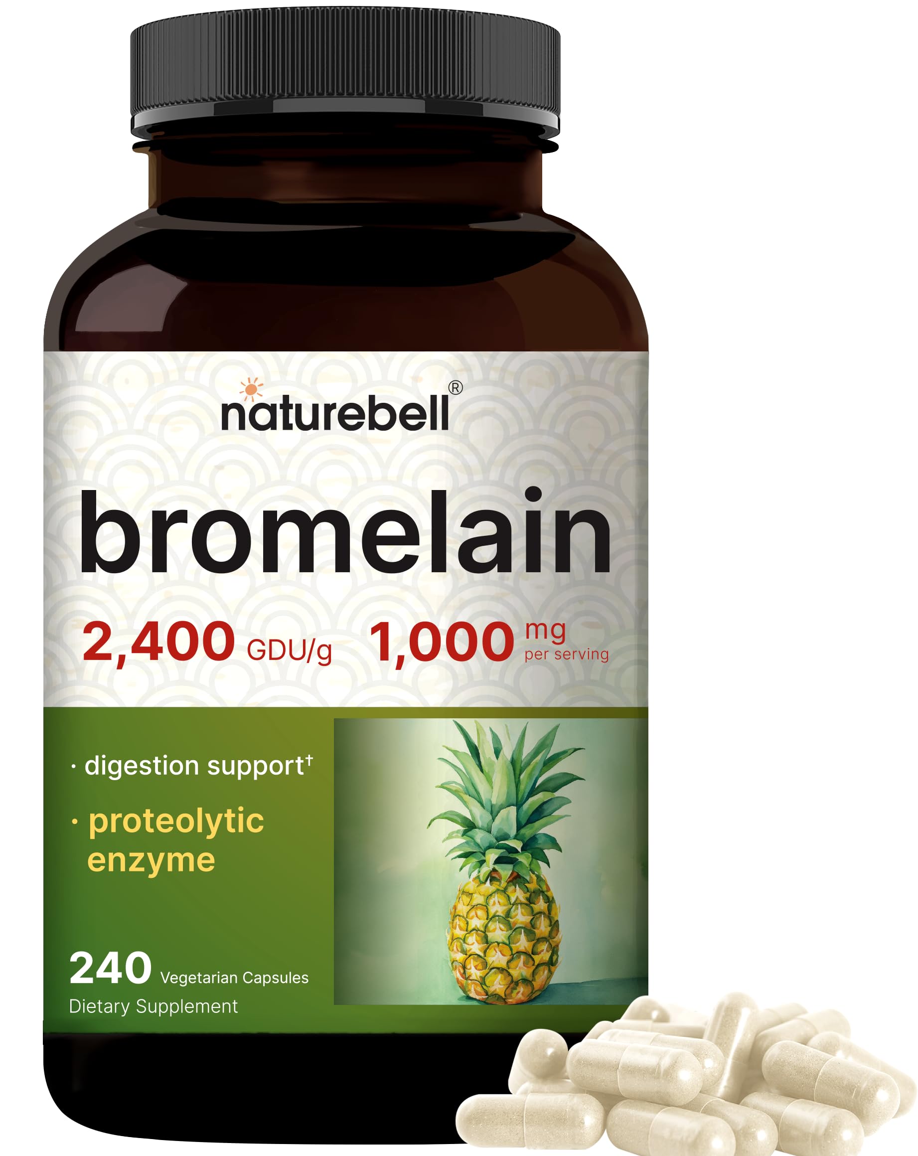 NatureBell frasco frontal mostrando 240 cápsulas y beneficios digestivos