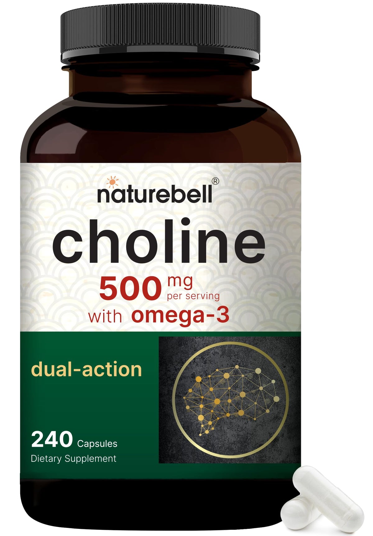 NatureBell frasco frontal mostrando la etiqueta clara y la dosis por porción