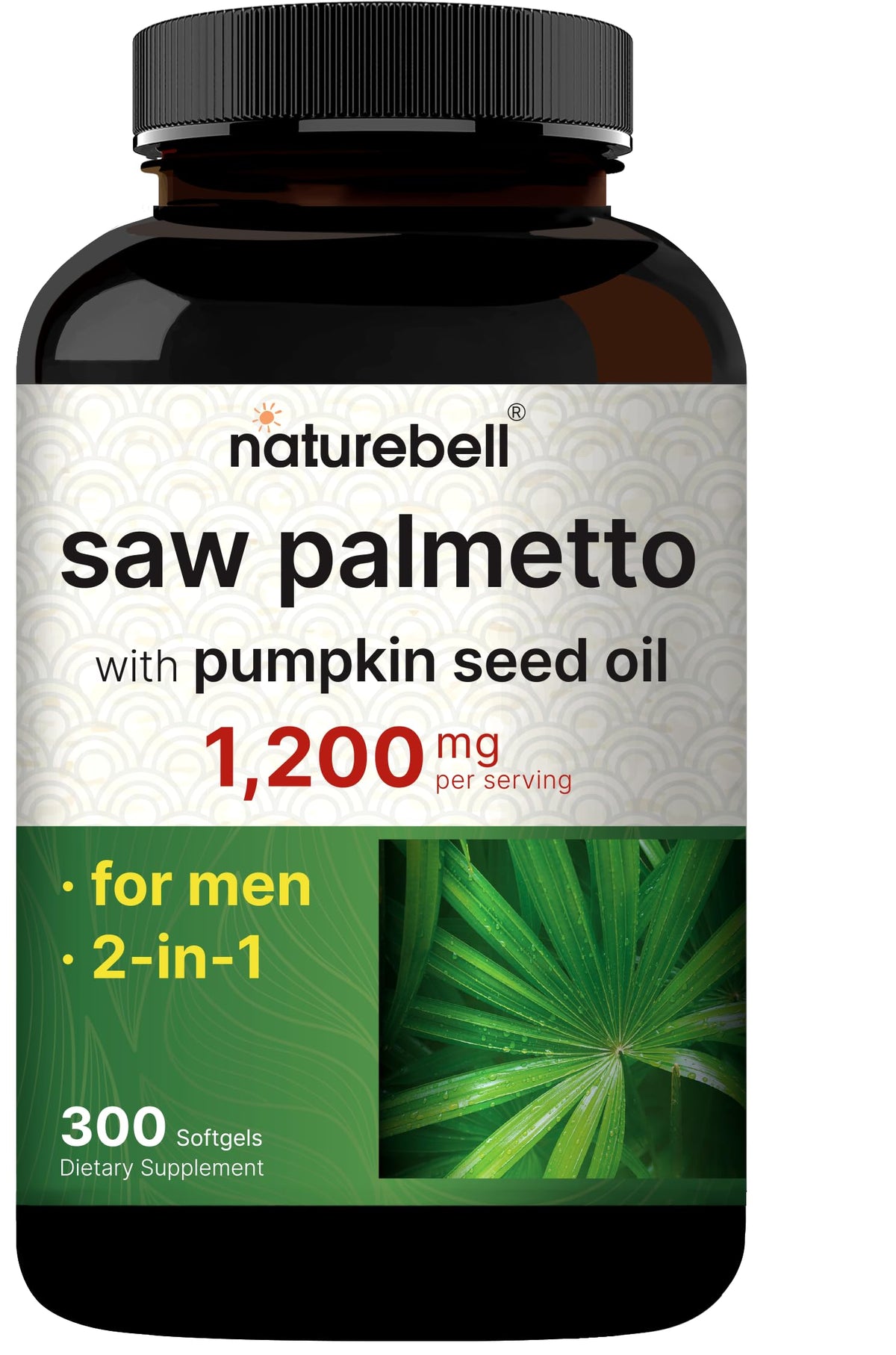 NatureBell frasco frontal mostrando 300 softgels y la fórmula 2 en 1