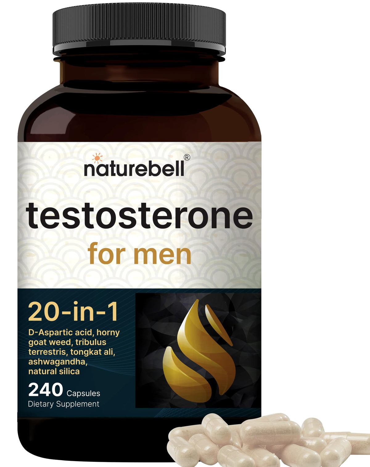 NatureBell frasco frontal mostrando etiqueta clara y cantidad de 240 cápsulas para conveniencia